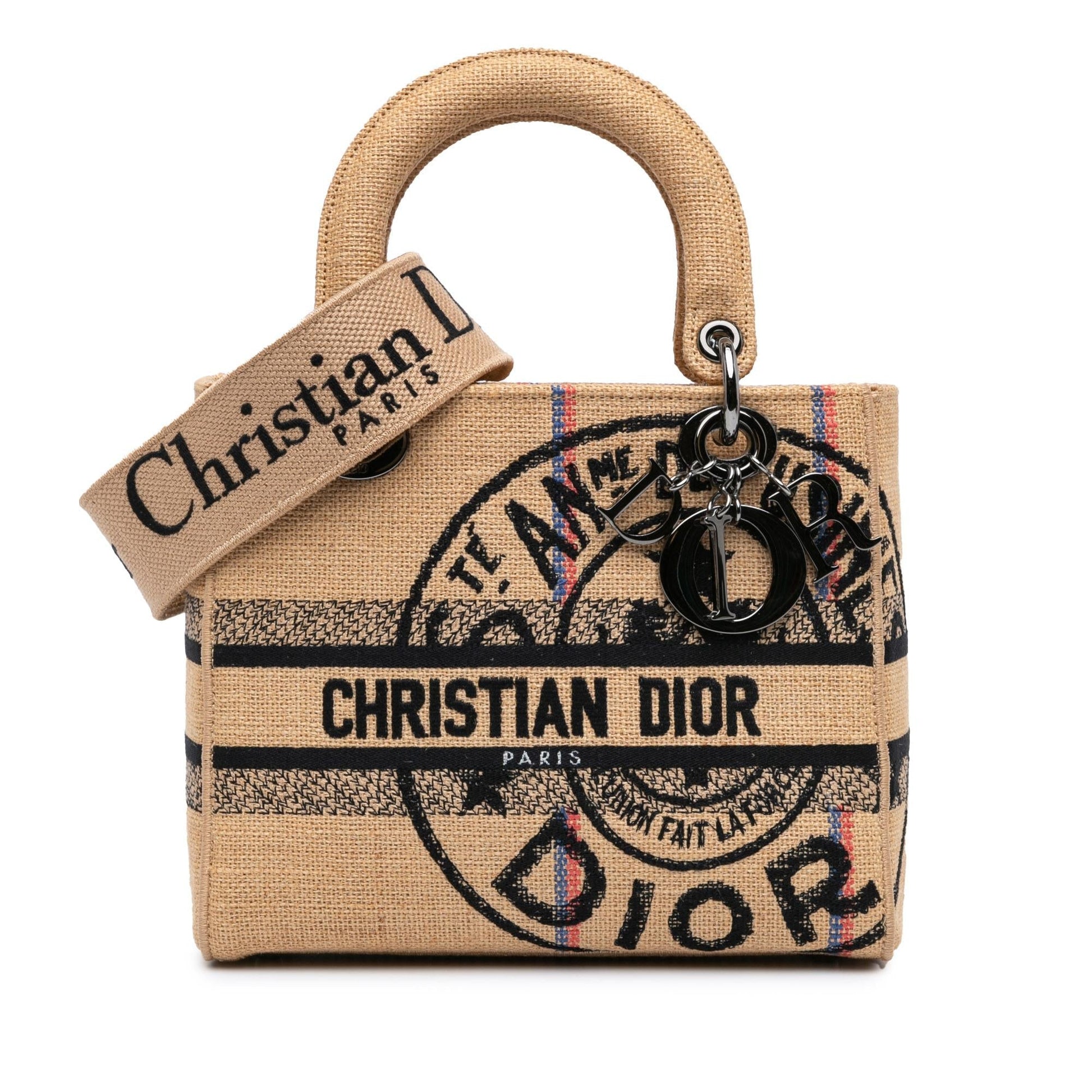 Dior Jute Lady Lite Satchel Bag Canvas Medium Embroidered