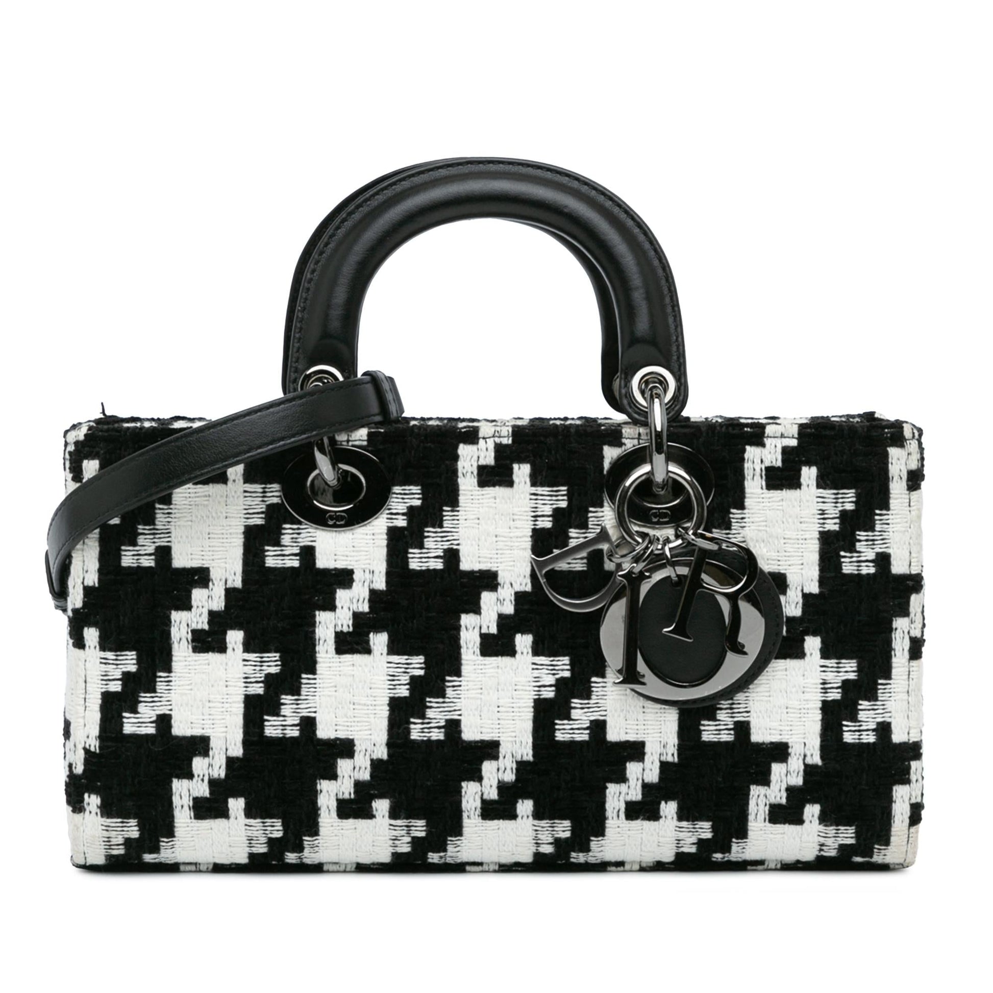 Dior Macro Houndstooth Lady Joy Satchel Bag Canvas Medium Joy Shg Edchuu
