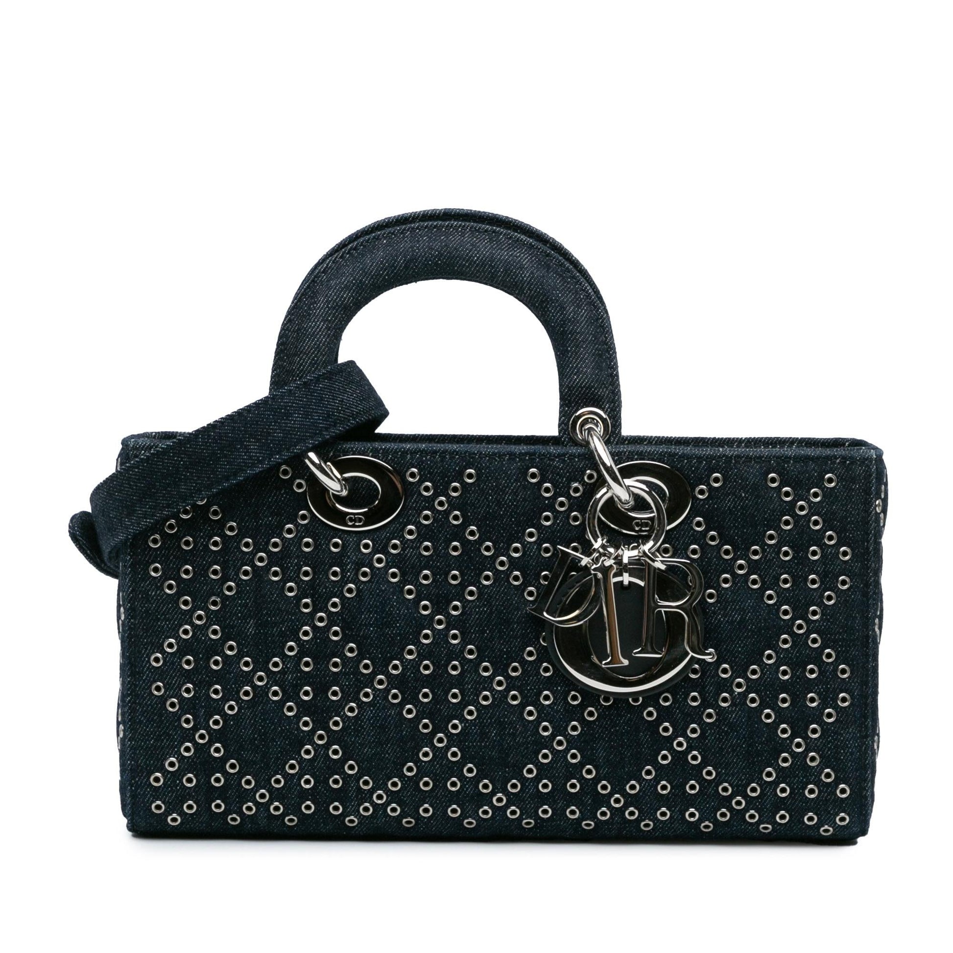 Dior Cannage Eyelet Lady Joy Satchel Bag Denim Medium