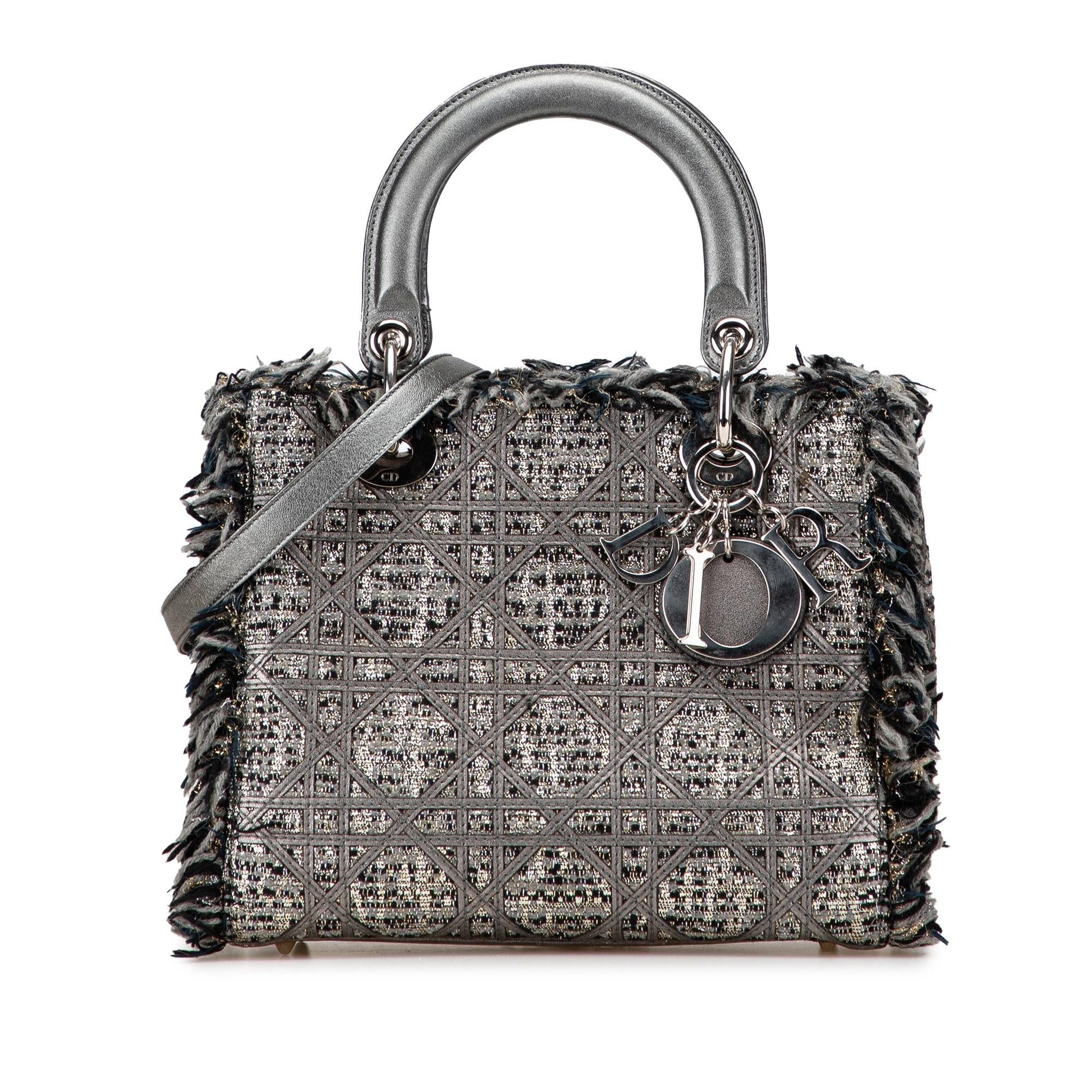 Dior Tweed Cannage Fringe Lady Satchel Bag Medium