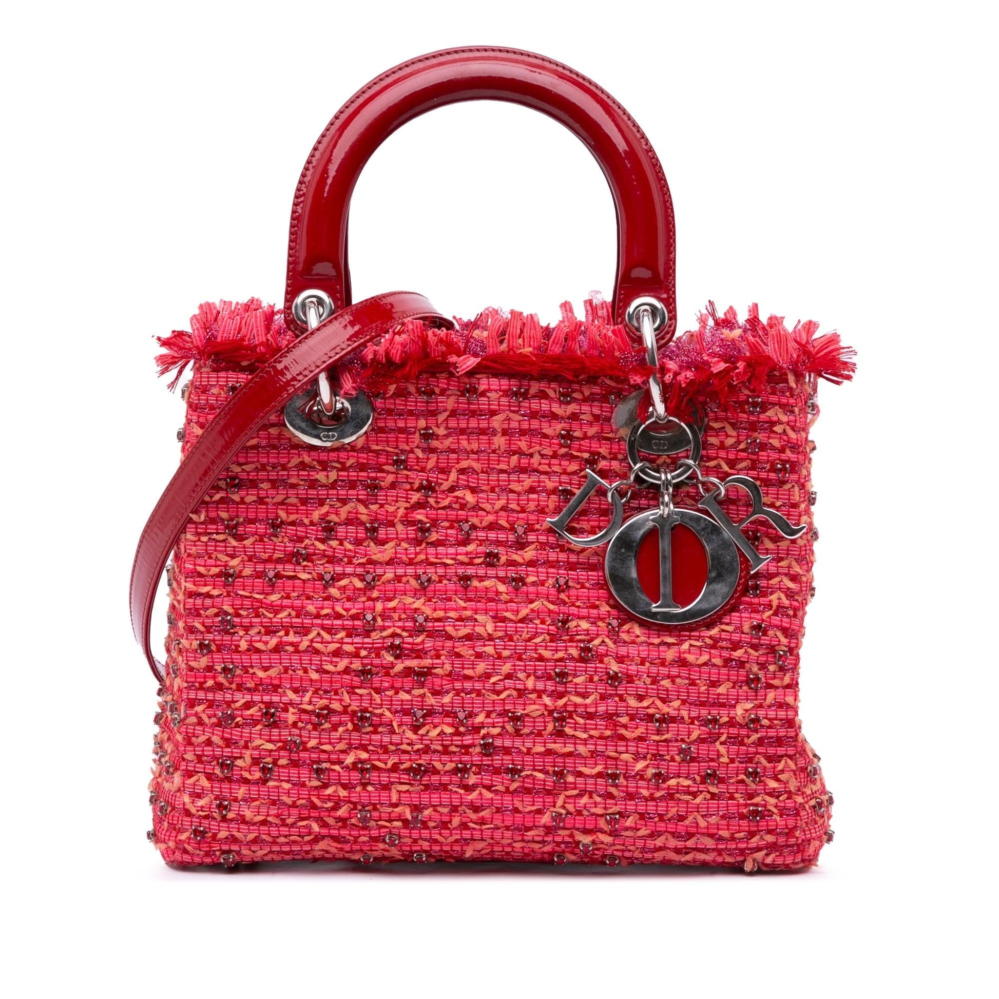 Dior Tweed Fringe Rhinestone Lady Satchel Bag Medium Lady Dior 1