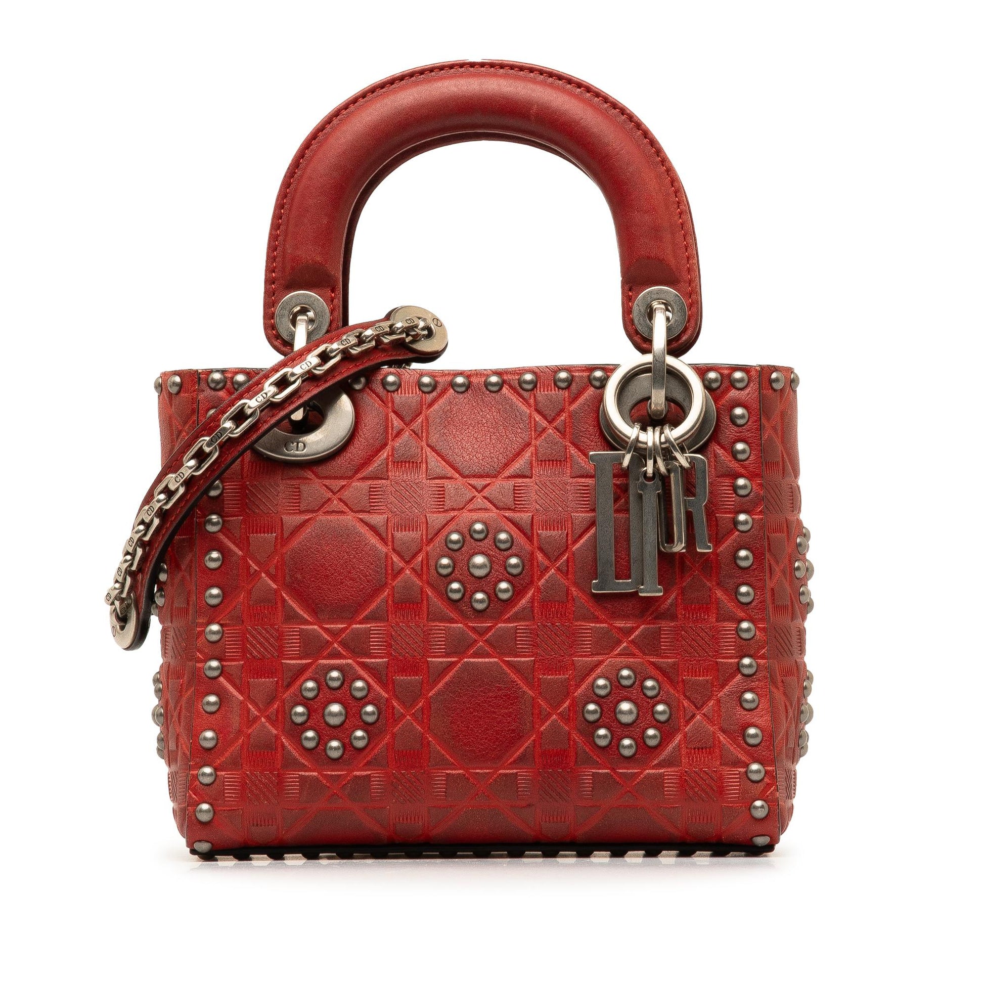 Dior Calfskin Cannage Studded Lady Satchel Bag Mini Embossed