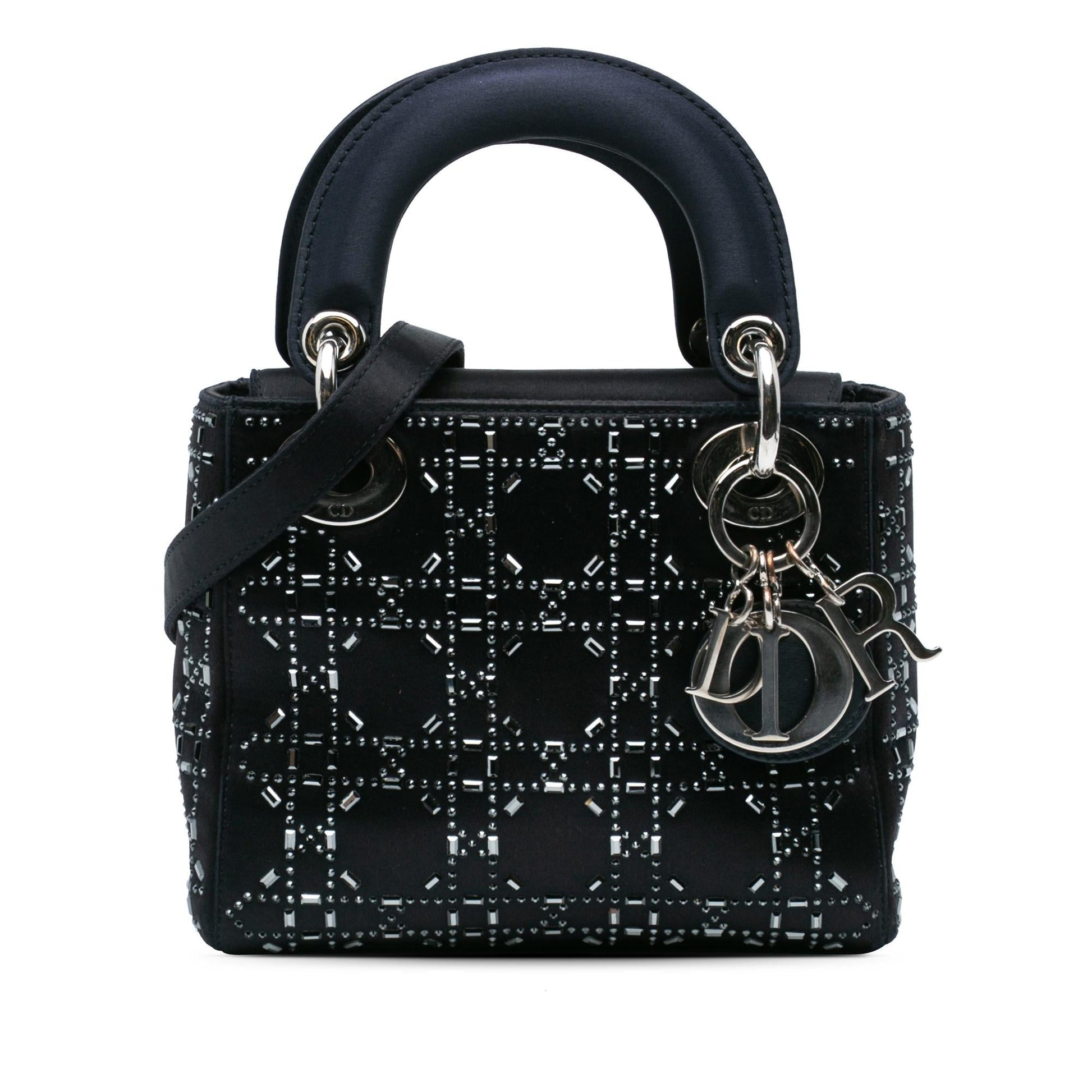 Dior Cannage Strass Crystal Embellished Lady Satchel Bag Satin Mini