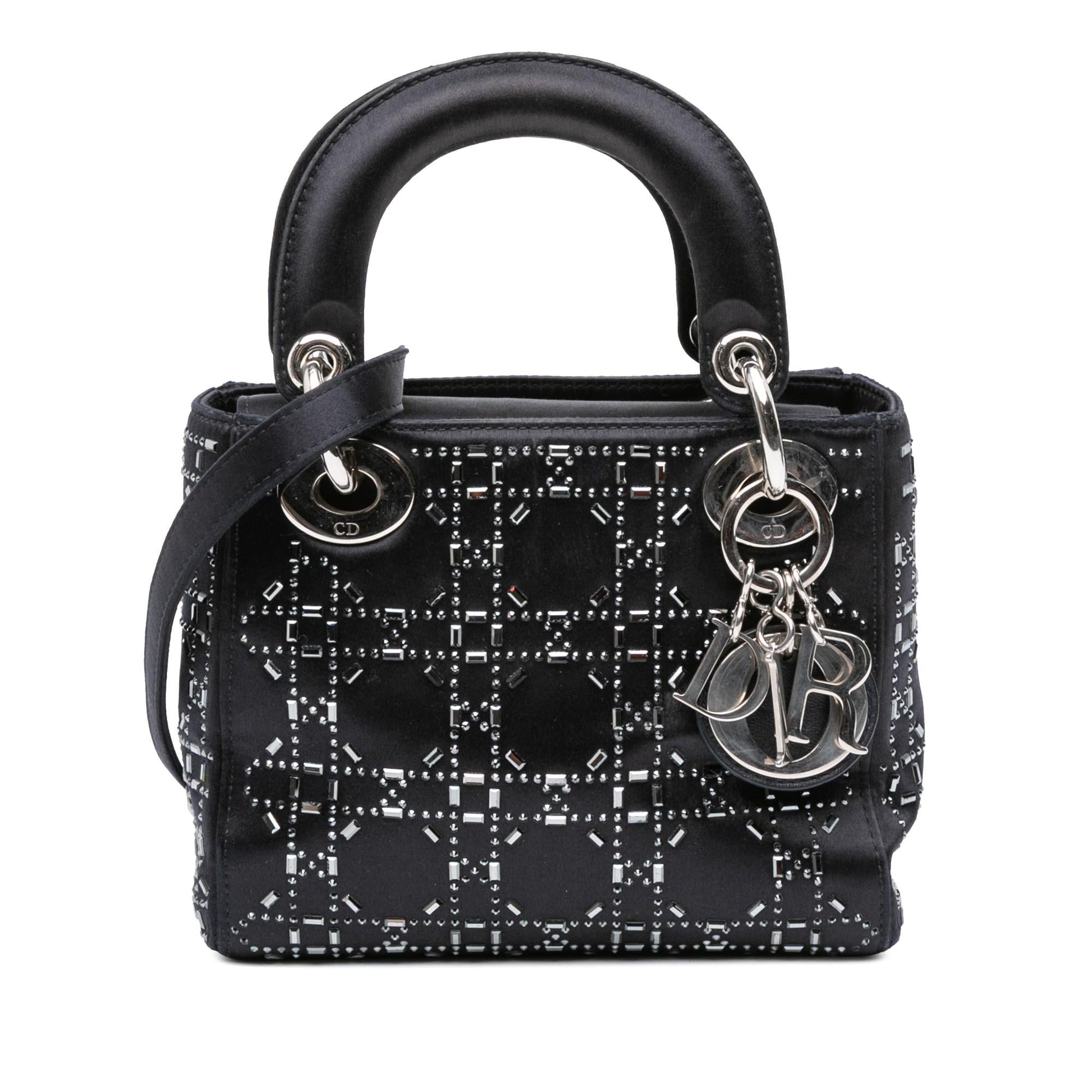 Dior Cannage Strass Crystal Embellished Lady Satchel Bag Satin Mini Lady Dior 4