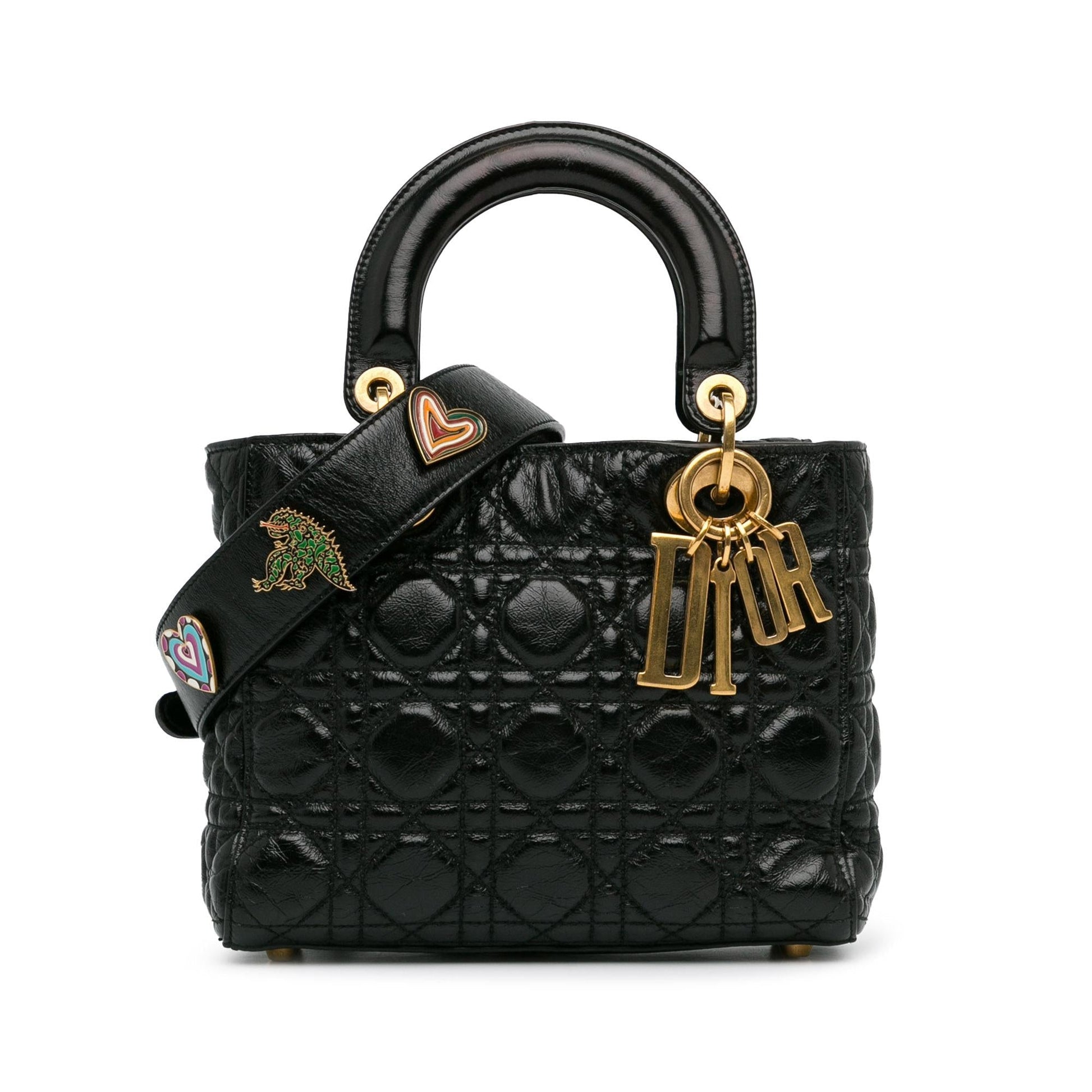 Dior Crinkled Cannage Lucky Badges My Lady Satchel Bag Patent Small