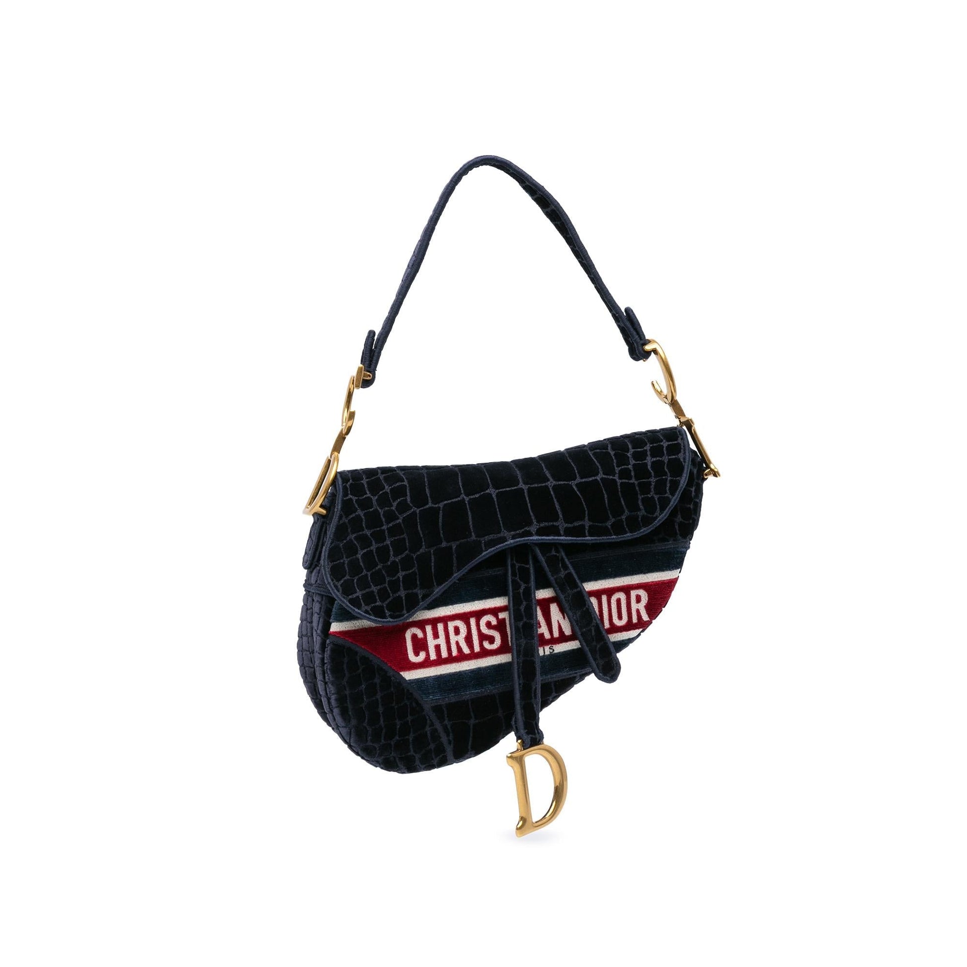 Dior Velvet Crocodile Effect Saddle Bag Embroidered Shoulder Bag