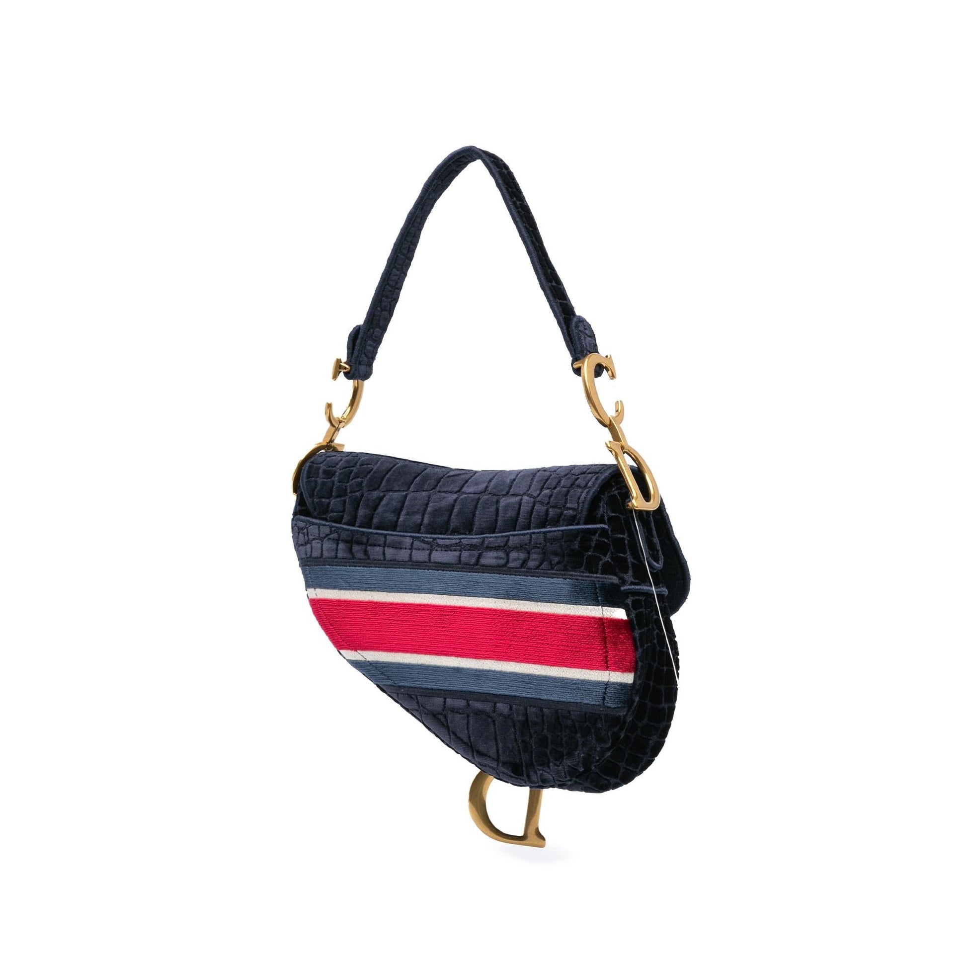 Dior Velvet Crocodile Effect Saddle Bag Embroidered Shoulder Bag