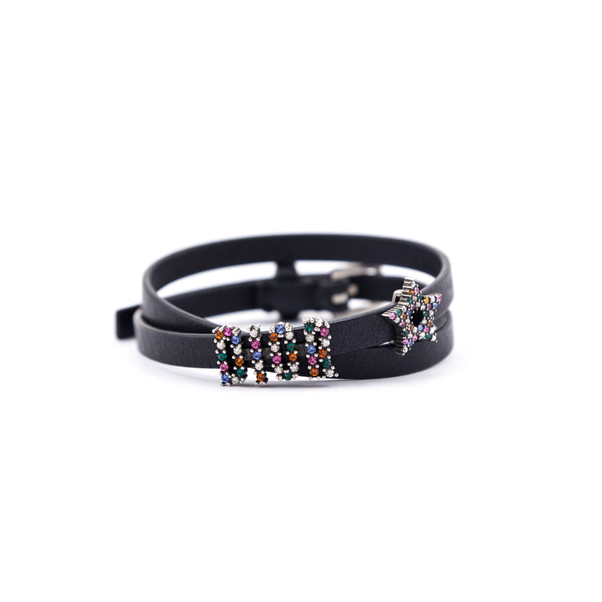 Dior Jewelry Crystal Embellished Double Wrap Bracelet Leather Black