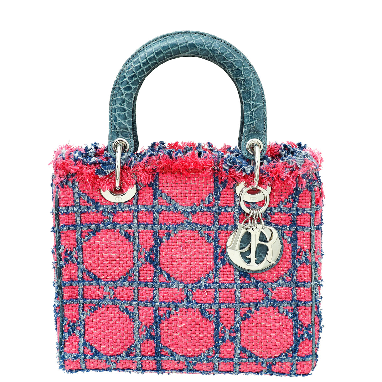 Dior Handbag Christian Bicolor Tweed Fringe Crocodile Handle Lady Medium