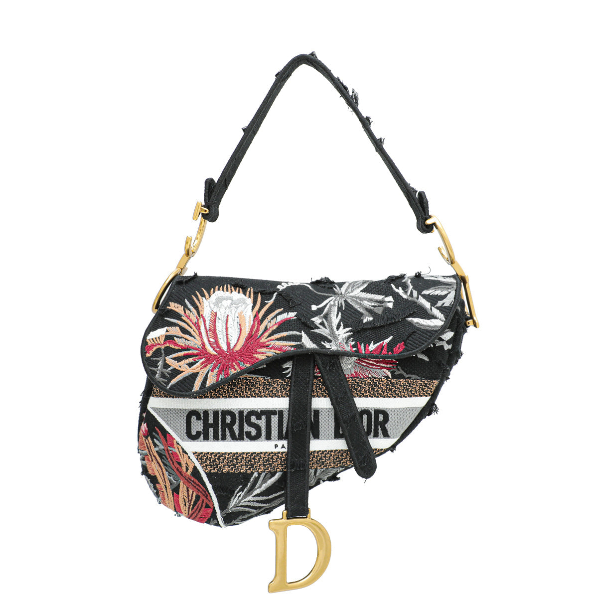 Dior Handbag Christian Camouflage Flowers Saddle Bag Black Multicolor Medium
