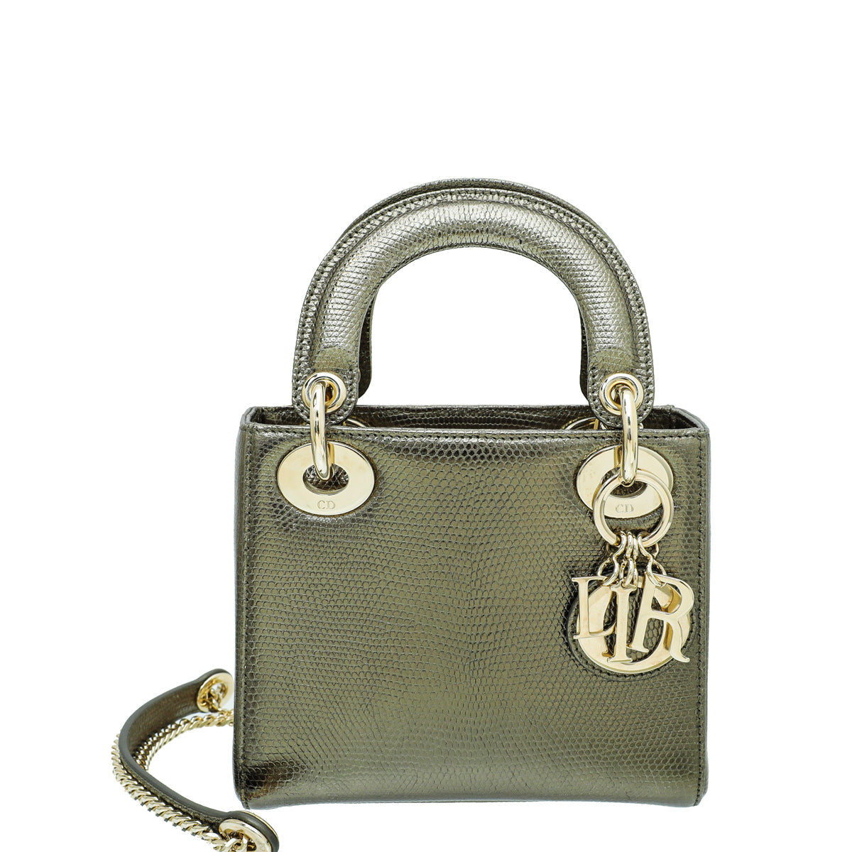 Dior Handbag Christian Metallic Olive Lizard Lady Bag Mini Chain Shoulder Bag