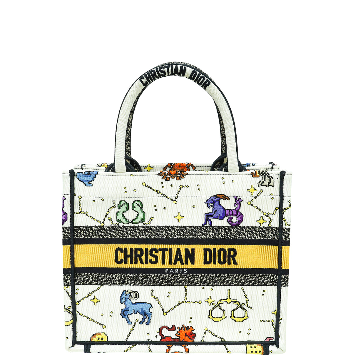 Dior Handbag Christian Pixel Zodiac Embroidery Book Tote Bag White Multicolor Small