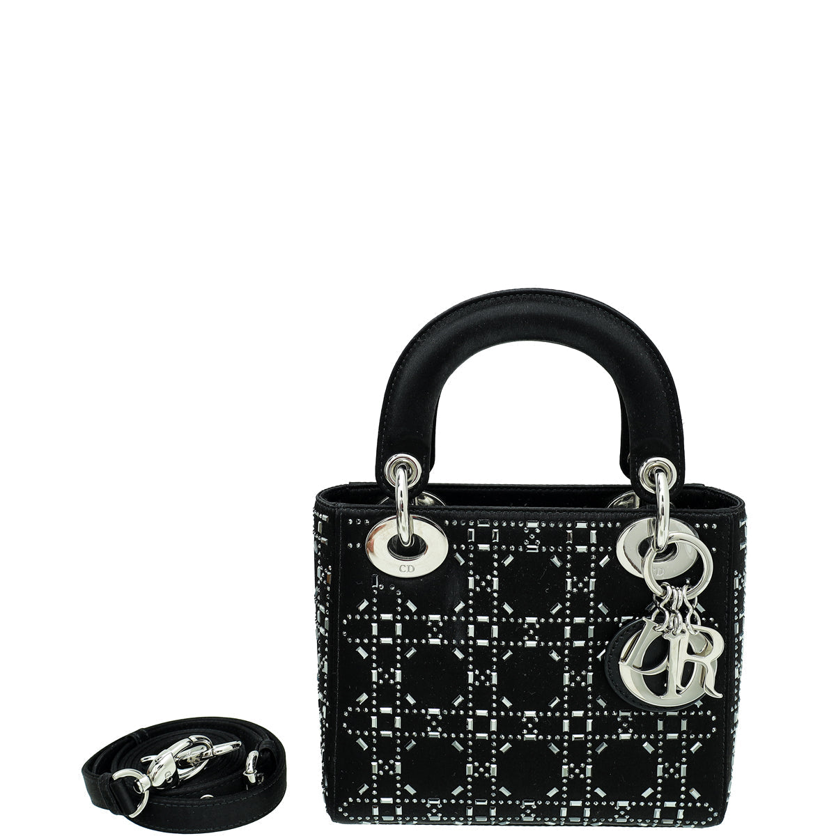 Dior Handbag Christian Lady Strass Cannage Bag Satin Black Mini Shoulder Bag