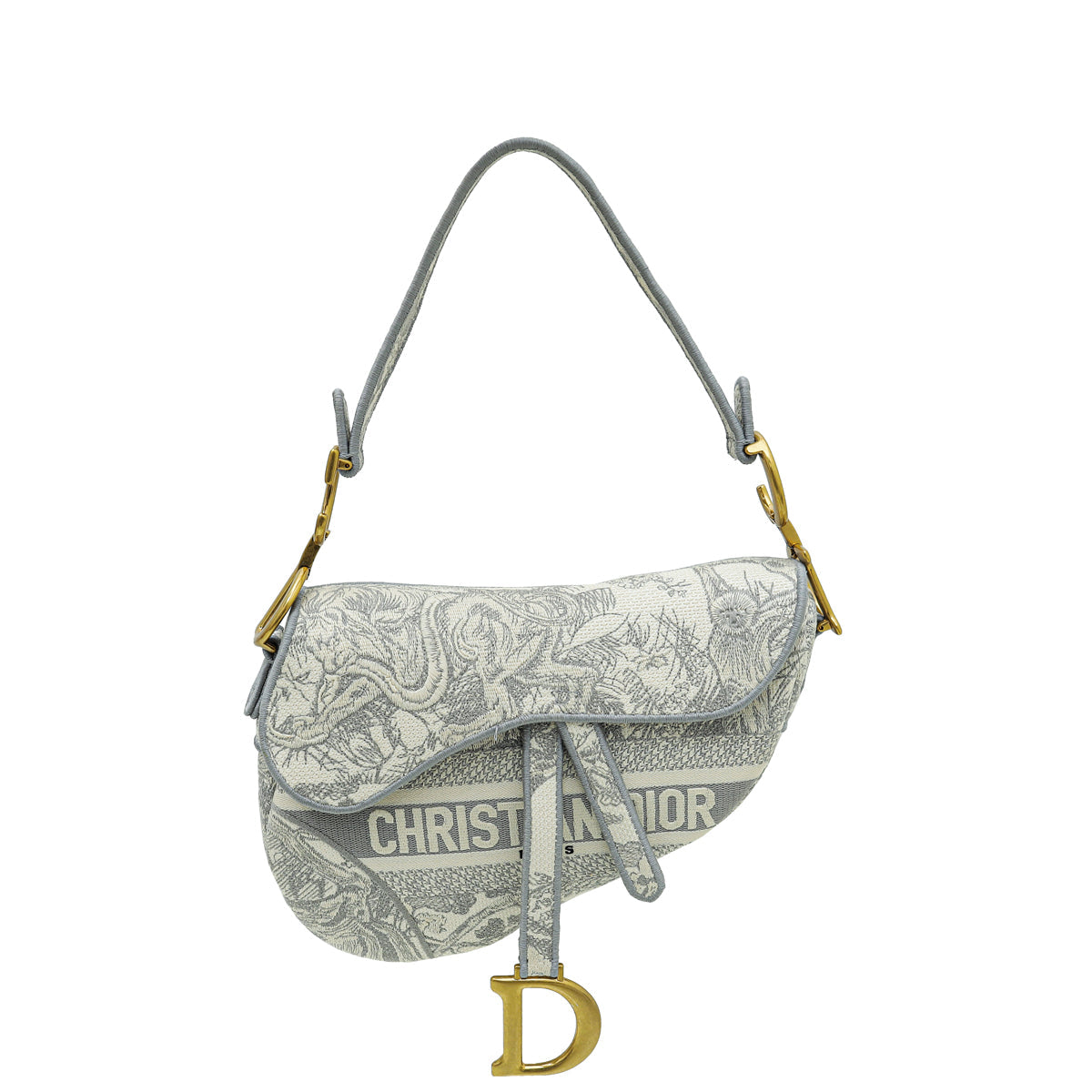 Dior Handbag Christian Grey Toile de Jouy Embroidery Saddle Gray Medium Shoulder Bag