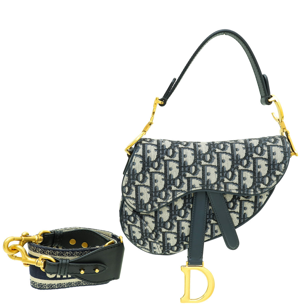 Dior Handbag Christian Oblique Saddle Bag W Strap Blue Navy Mini Shoulder Bag