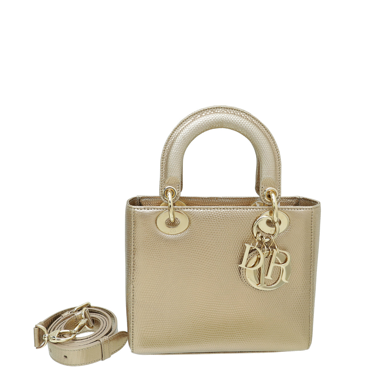 Dior Handbag Christian Metallic Champagne Lizard Lady Bag Small Shoulder Bag
