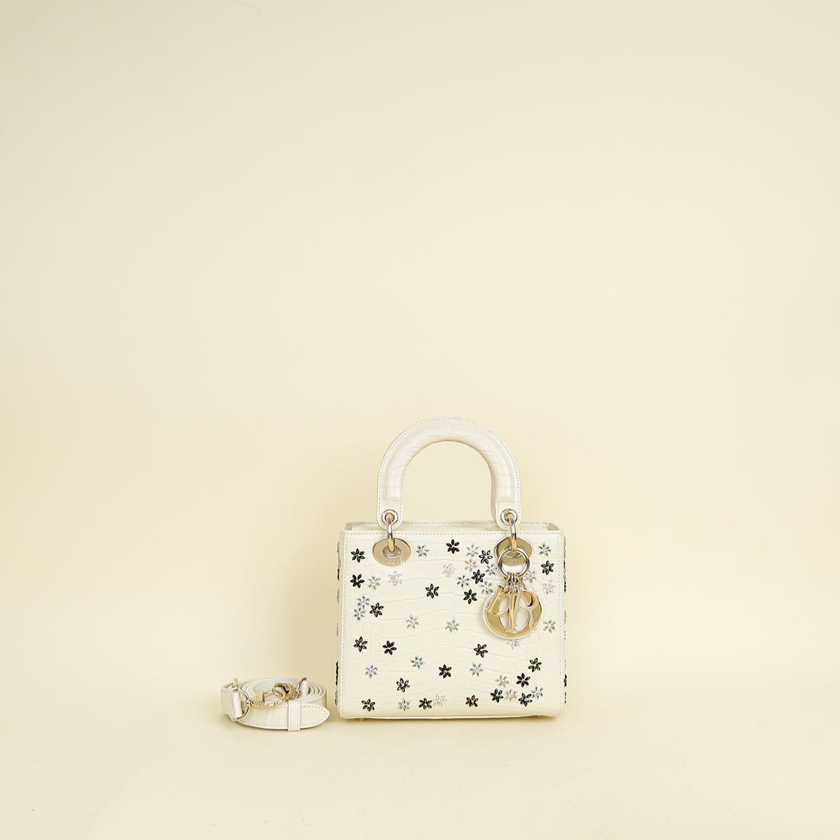 Dior Handbag Christian Lady Matte Alligator Flower Crystal Beads White Small Shoulder Bag
