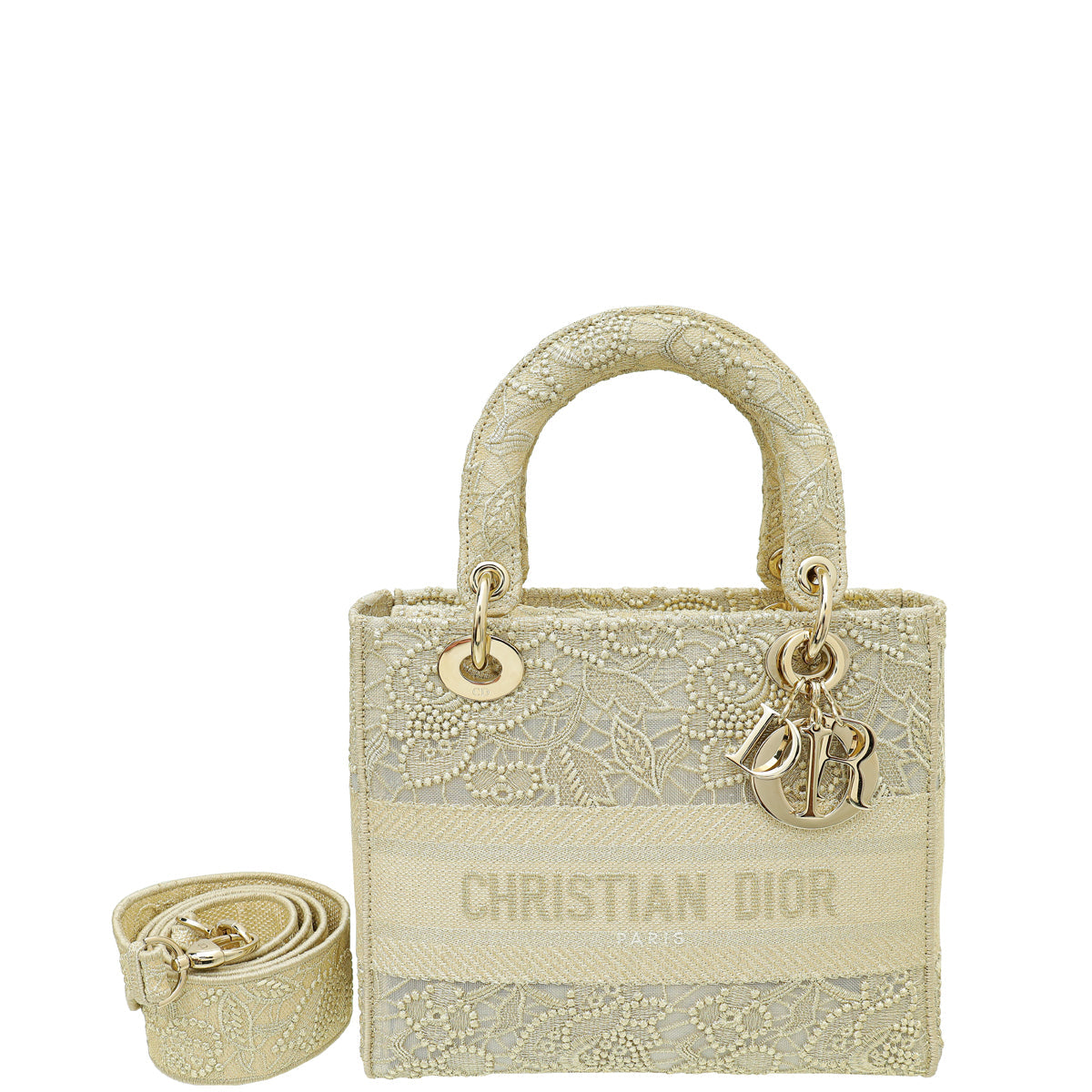 Dior Handbag Christian Lady D-Lite Lace Embroidery With Macramé Gold Medium Shoulder Bag