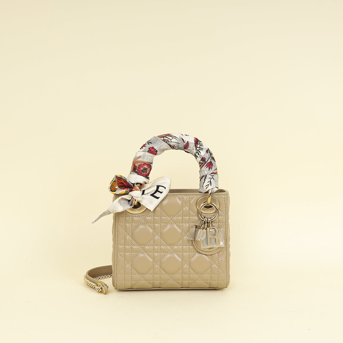 Dior Handbag Christian Lady Bag w Twilly Beige Mini Chain Scarf