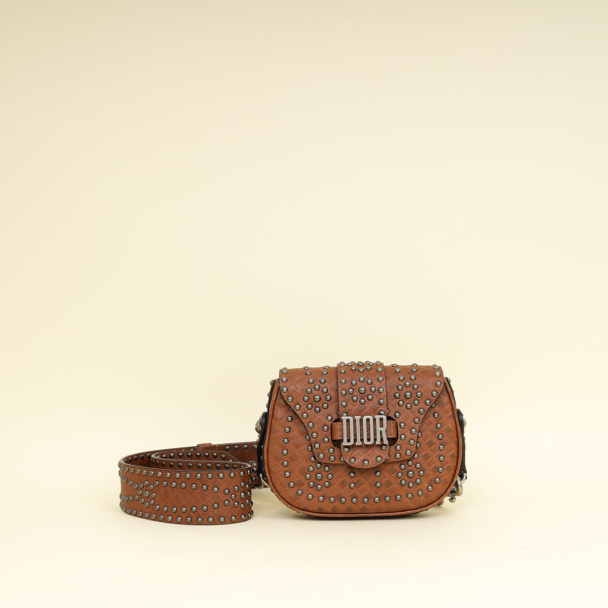 Dior Handbag Christian Cannage Studded D-Fence Saddle Bag Brown Embossed Shoulder Bag
