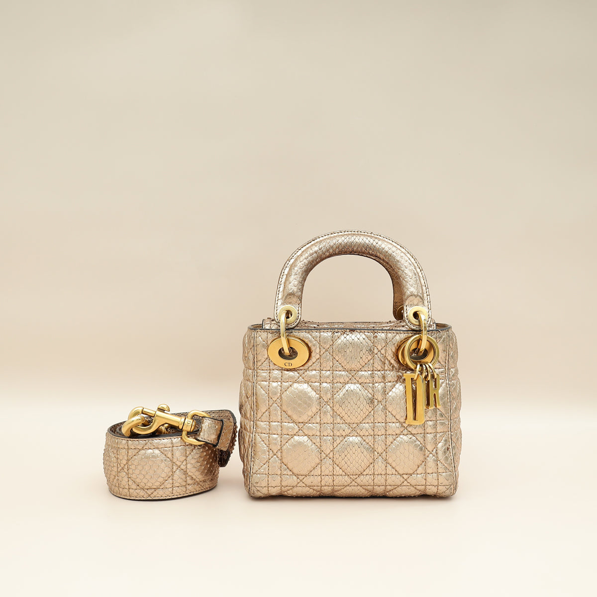 Dior Handbag Christian Metallic Rose Lady Cannage Supple Bag Python Gold Mini Shoulder Bag