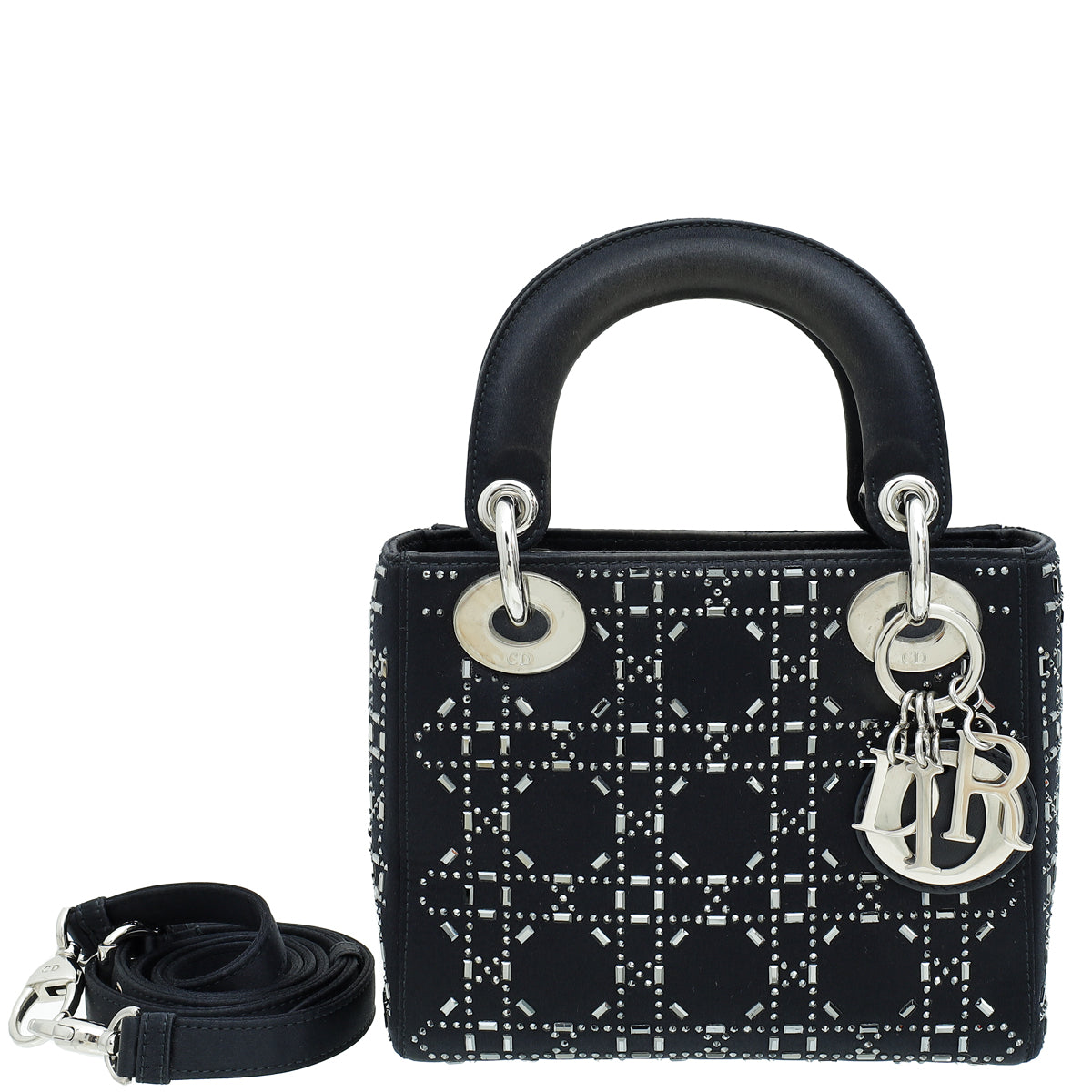 Dior Handbag Christian Cannage Lady Strass Bag Satin Black Mini Shoulder Bag