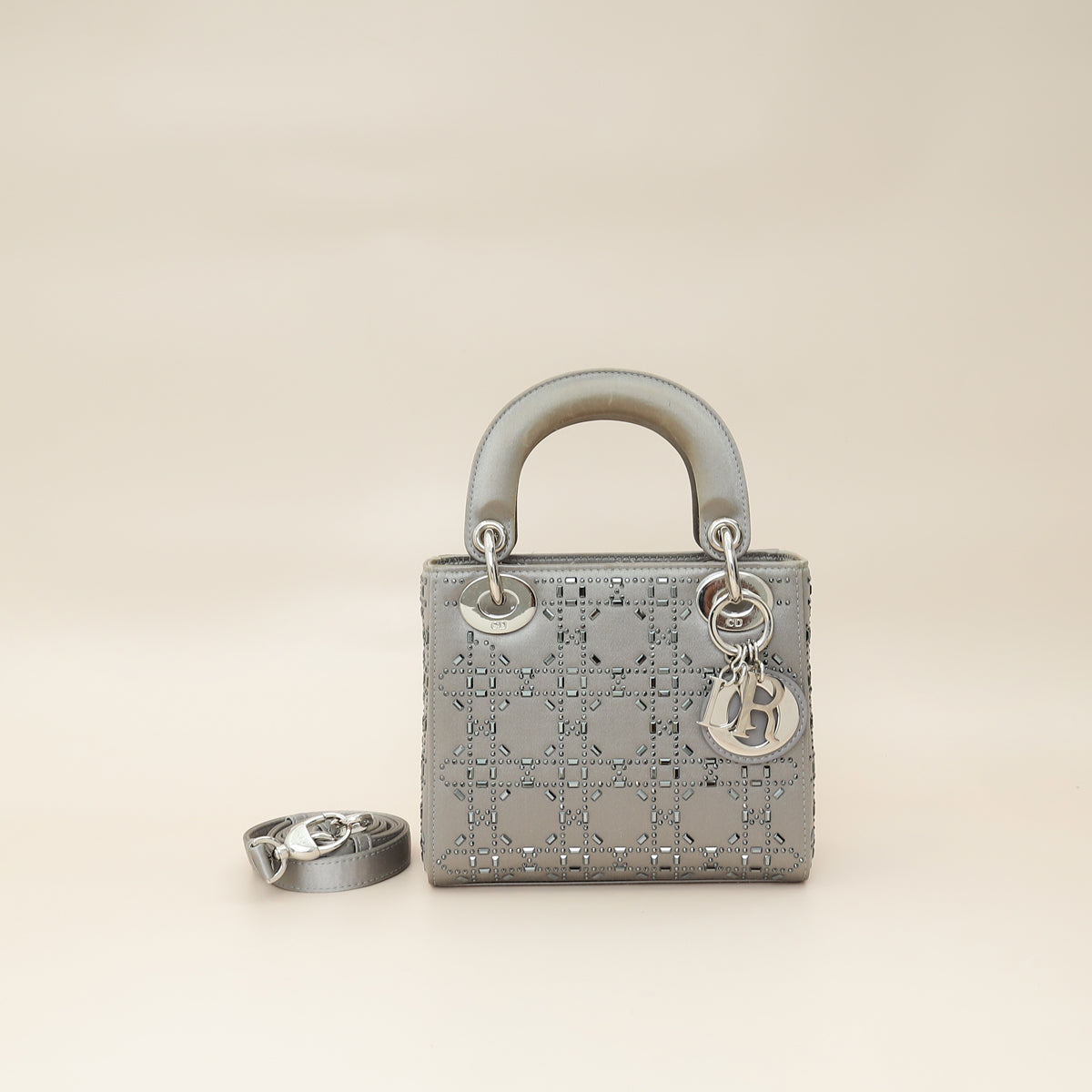 Dior Handbag Christian Grey Lady Cannage Strass Bag Satin Gray Mini Shoulder Bag