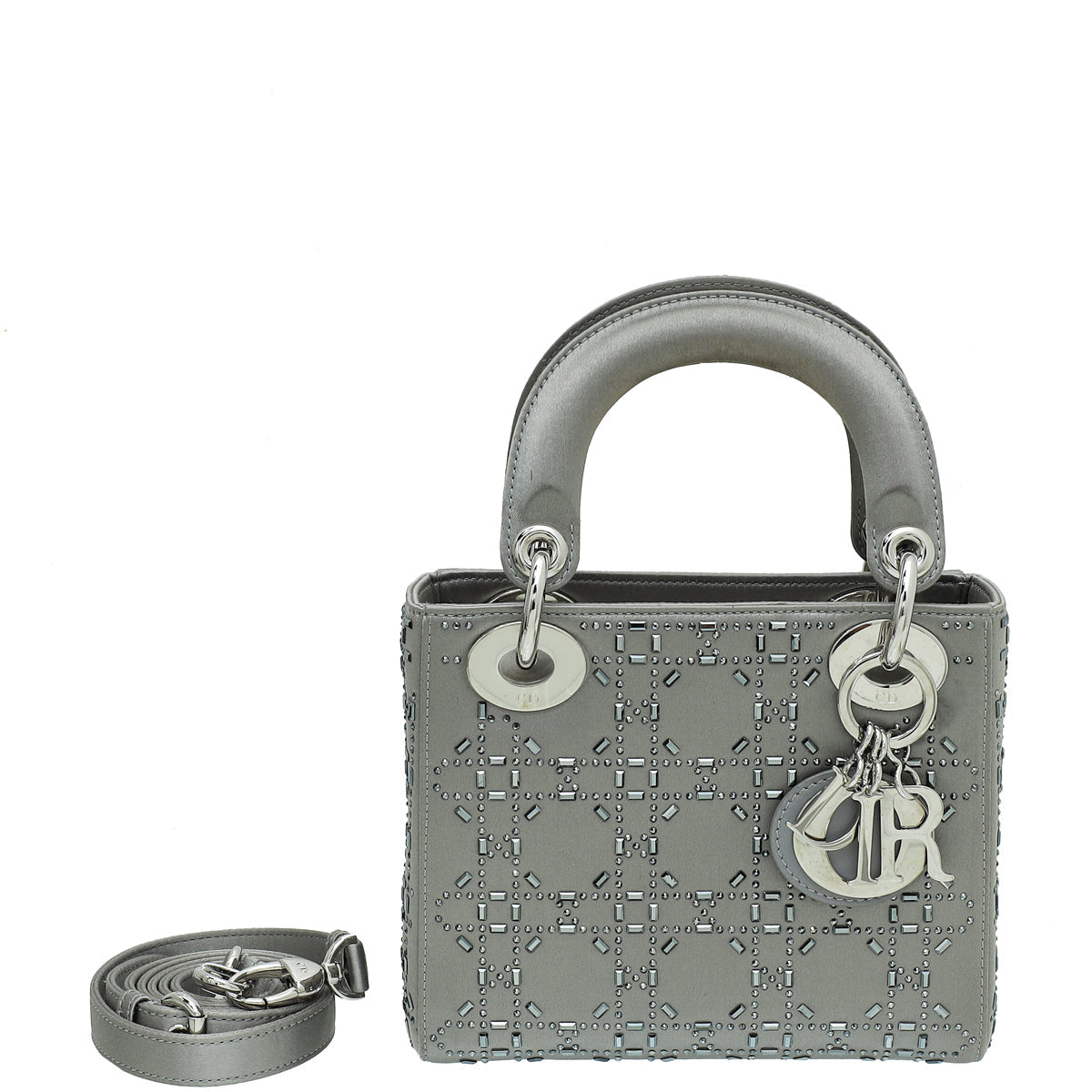 Dior Handbag Christian Grey Lady Strass Cannage Bag Satin Gray Mini Shoulder Bag