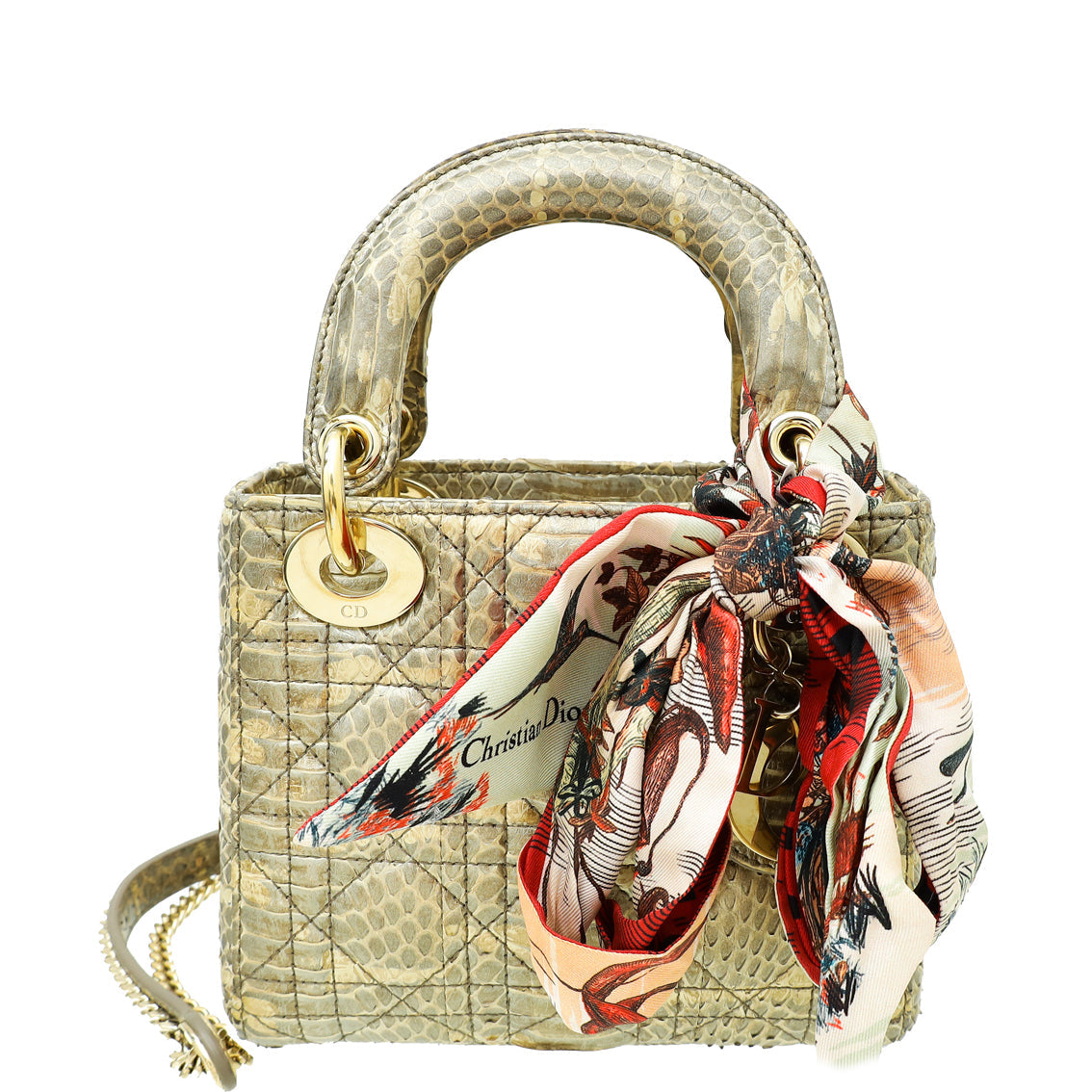 Dior Handbag Christian Golden Lady Bag W Twilly Python Beige Mini Scarf