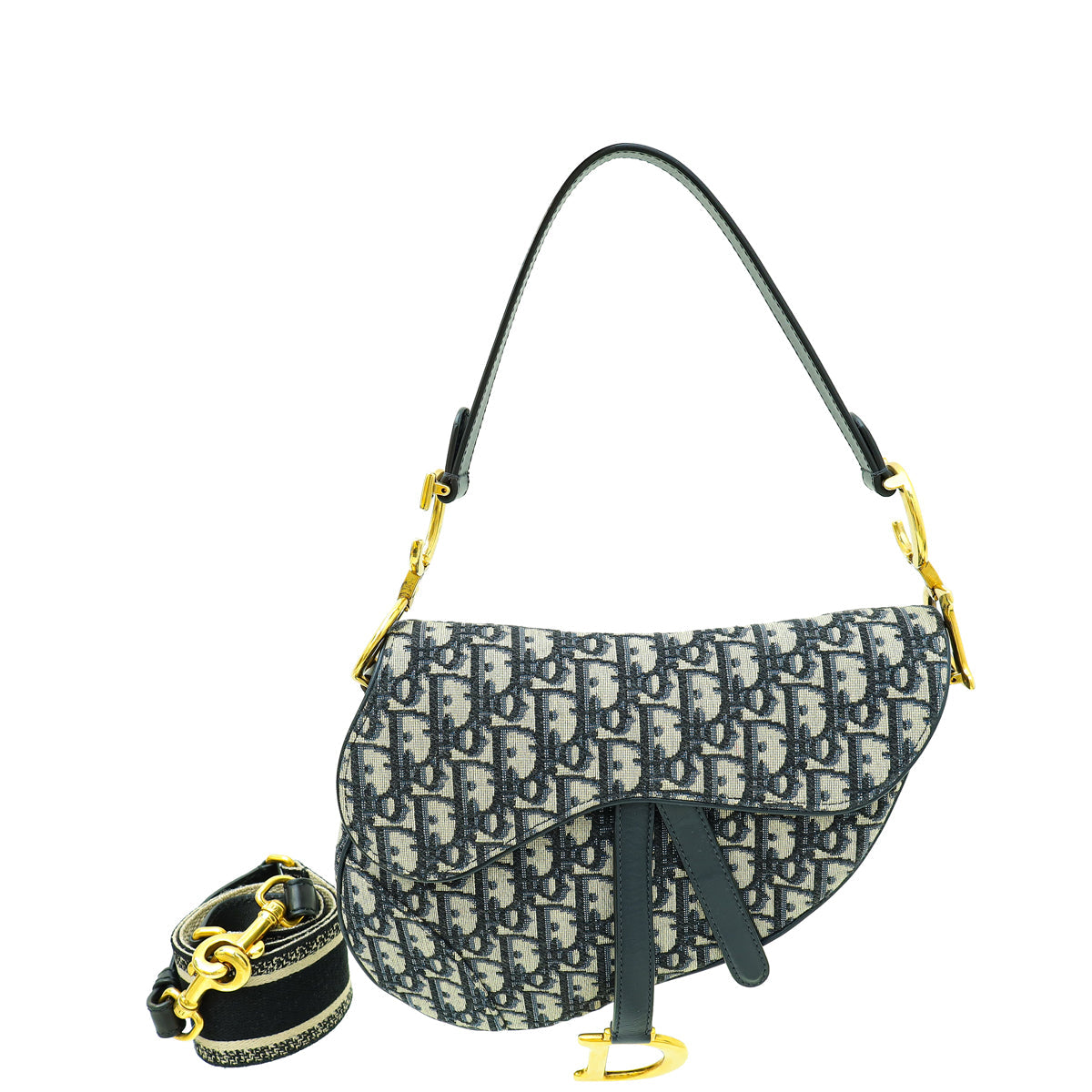 Dior Handbag Christian Oblique Saddle Bag W Strap Blue Navy Medium Shoulder Bag