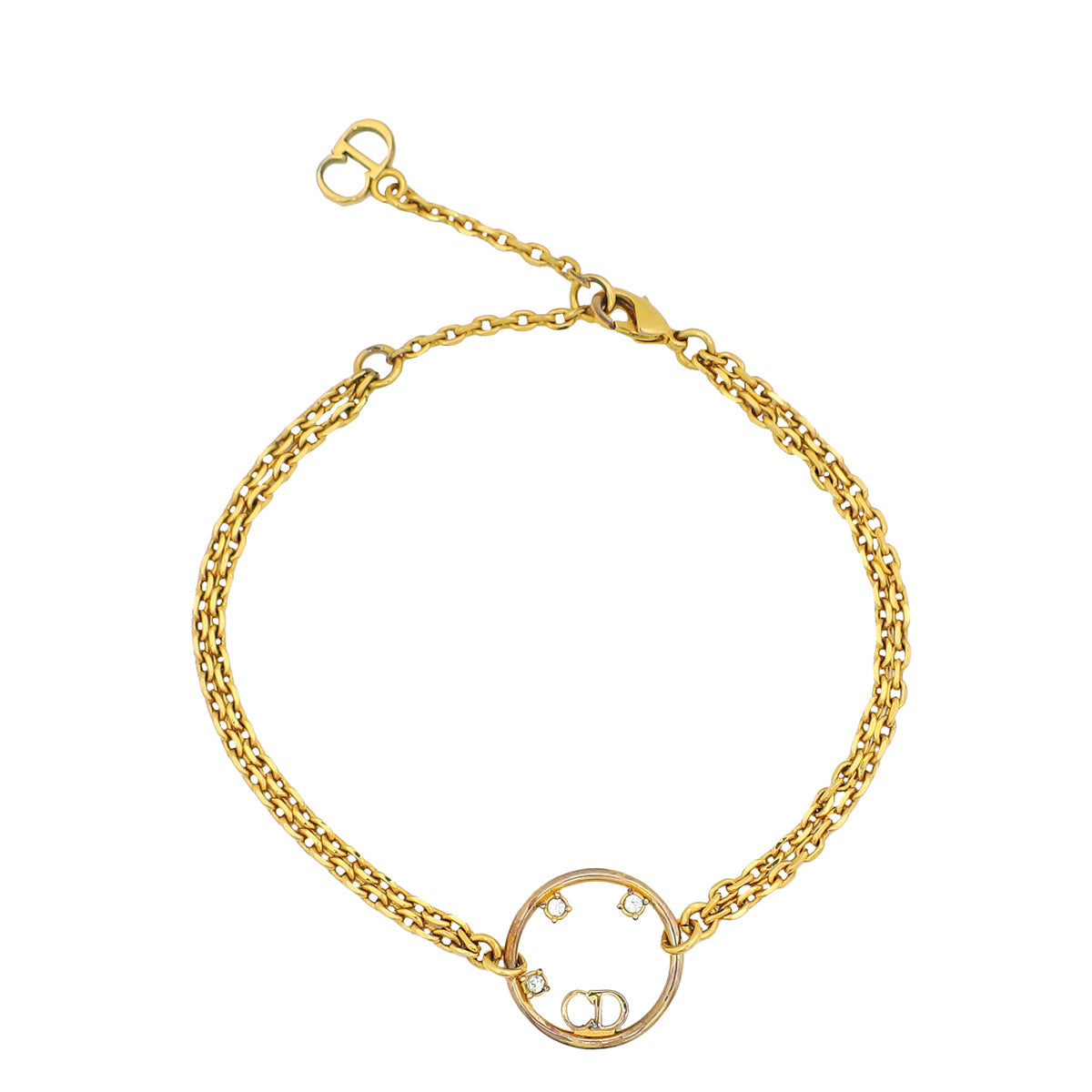 Dior Jewelry Christian Finish CD Crystal Station Double Bracelet Gold Yellow Chain