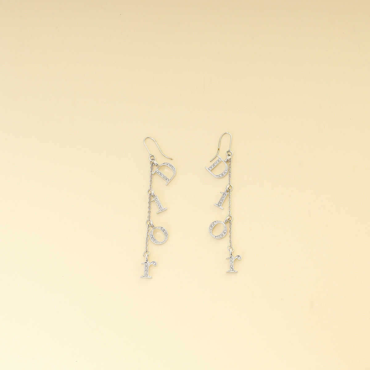 Dior Jewelry Christian Finish Crystal Letters Dangle Drop Earrings Silver Logo