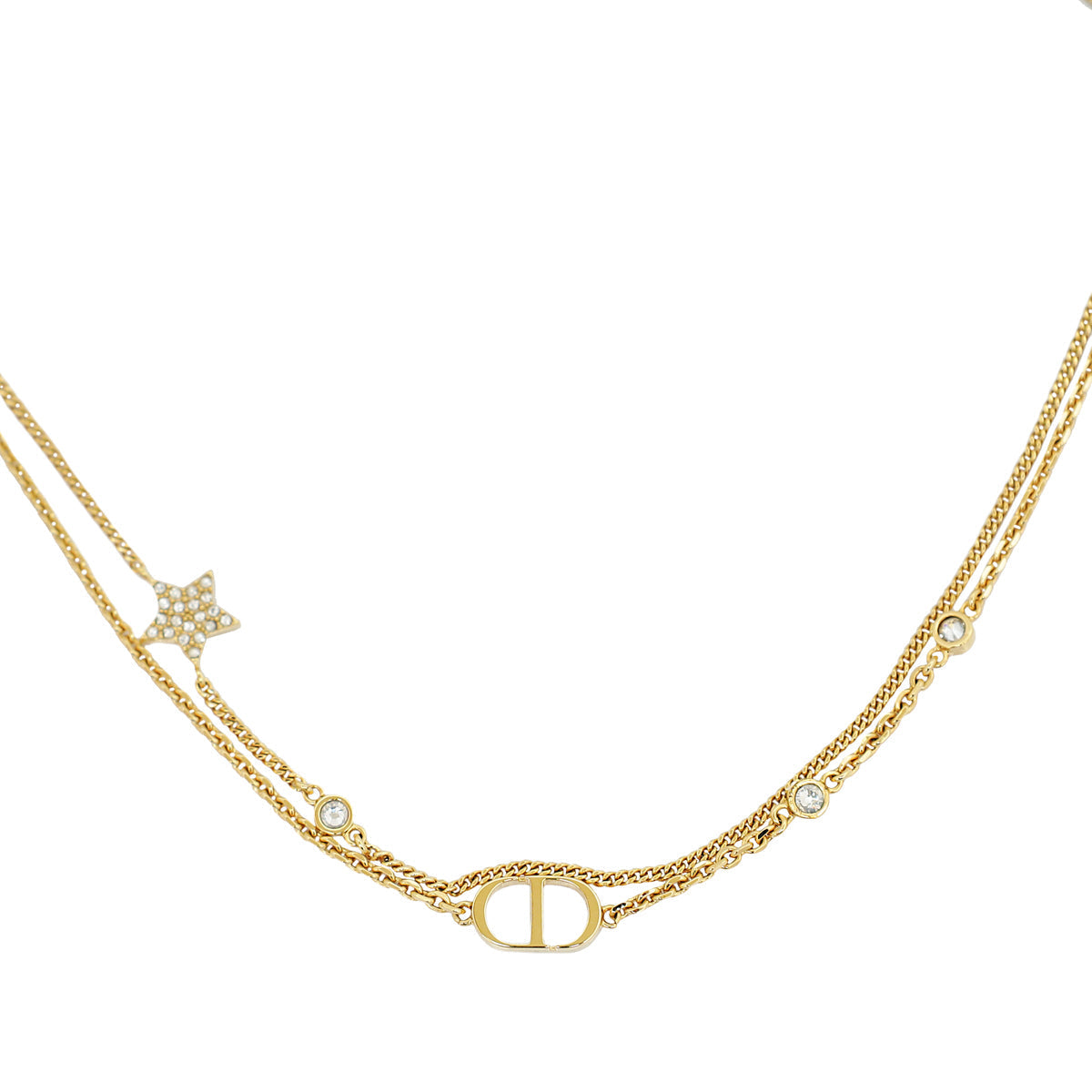 Dior Jewelry Christian Petit CD Crystal Double Necklace Gold