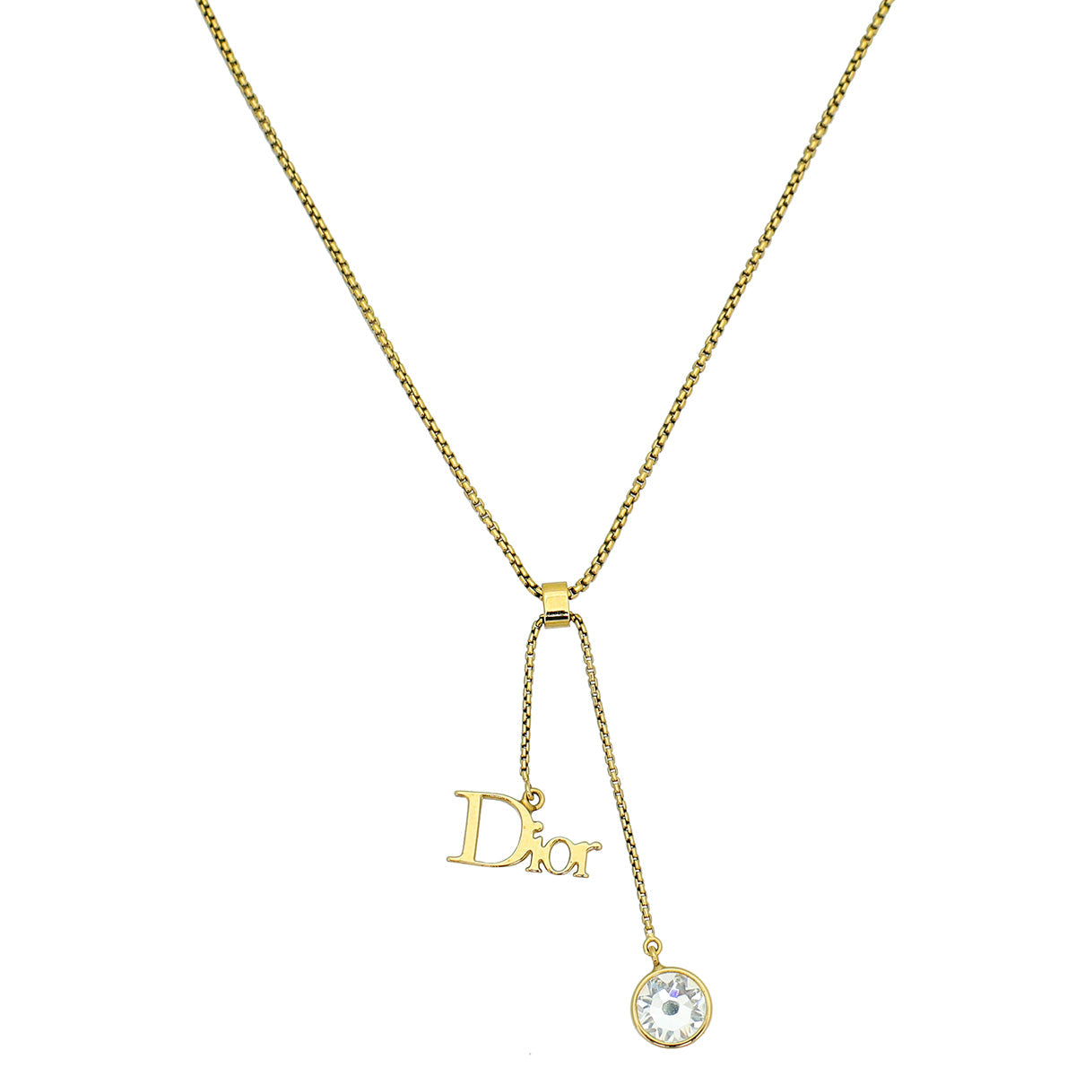 Dior Jewelry Christian Finish Crystal Drop Pendant Necklace Gold Logo
