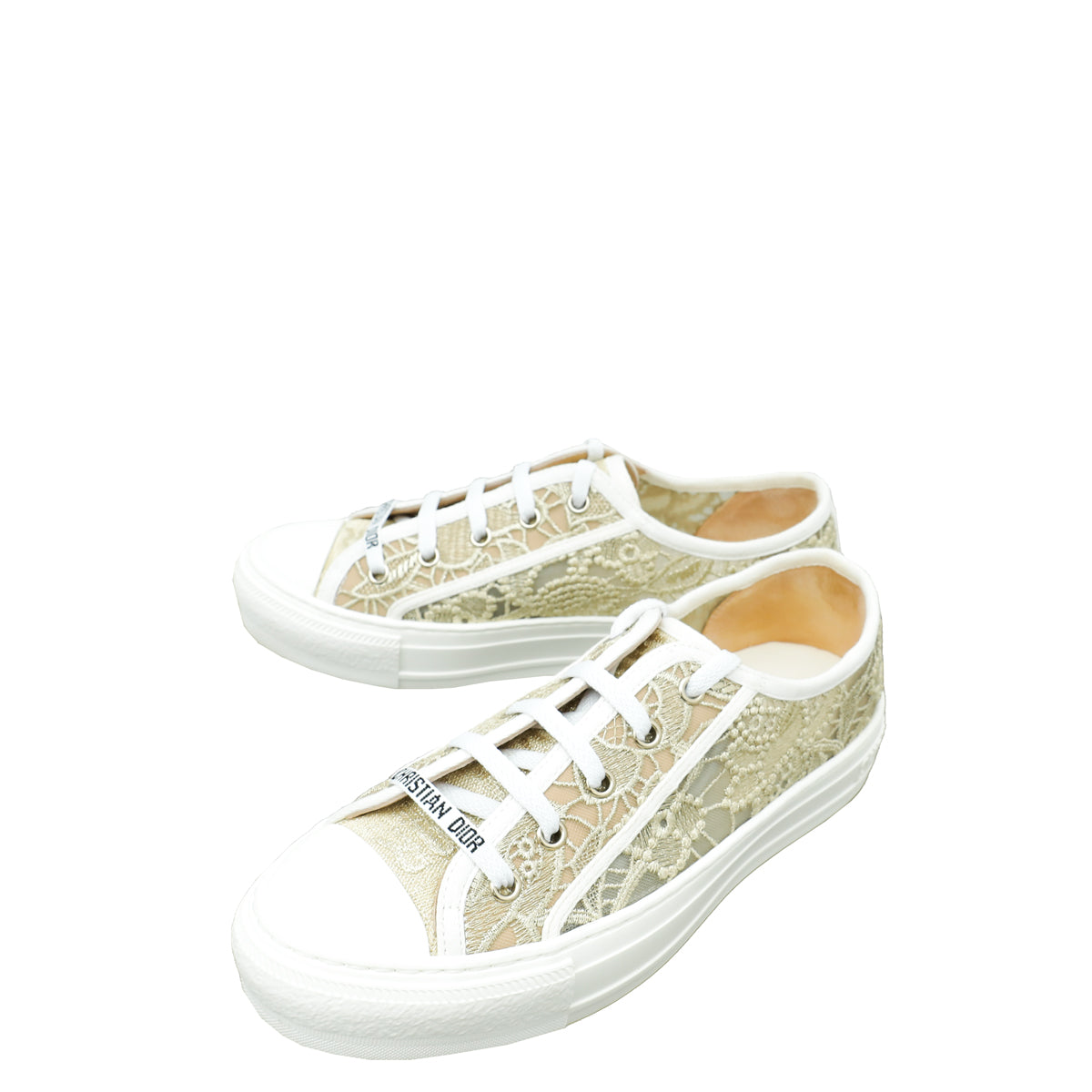 Dior Shoe Christian Walk'n' Lace Embroidery With Macramé Effect Gold Shoes Sneaker 37 5
