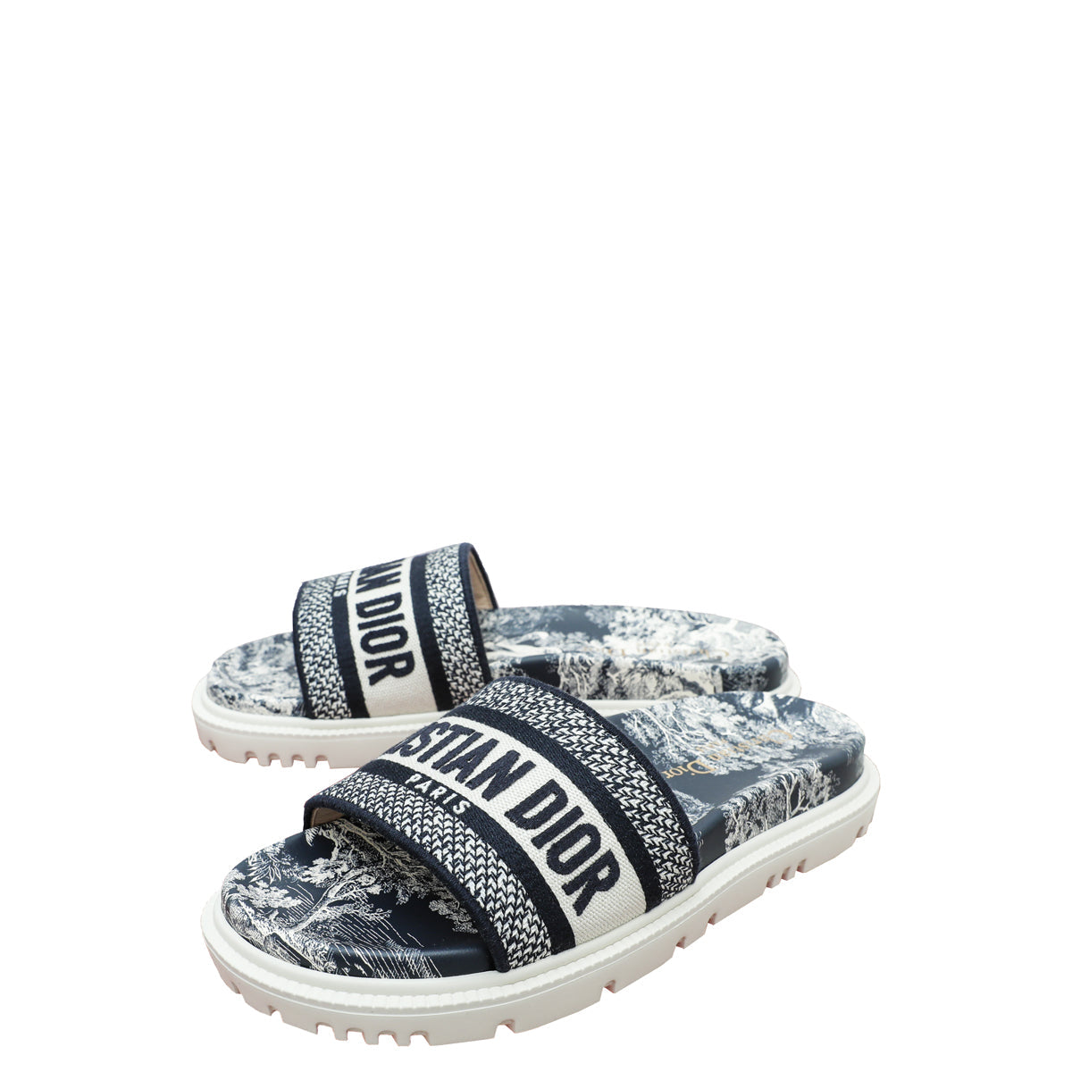 Dior Shoe Christian Dway Toile De Jouy Flat Slide Blue Navy Embroidered Shoes