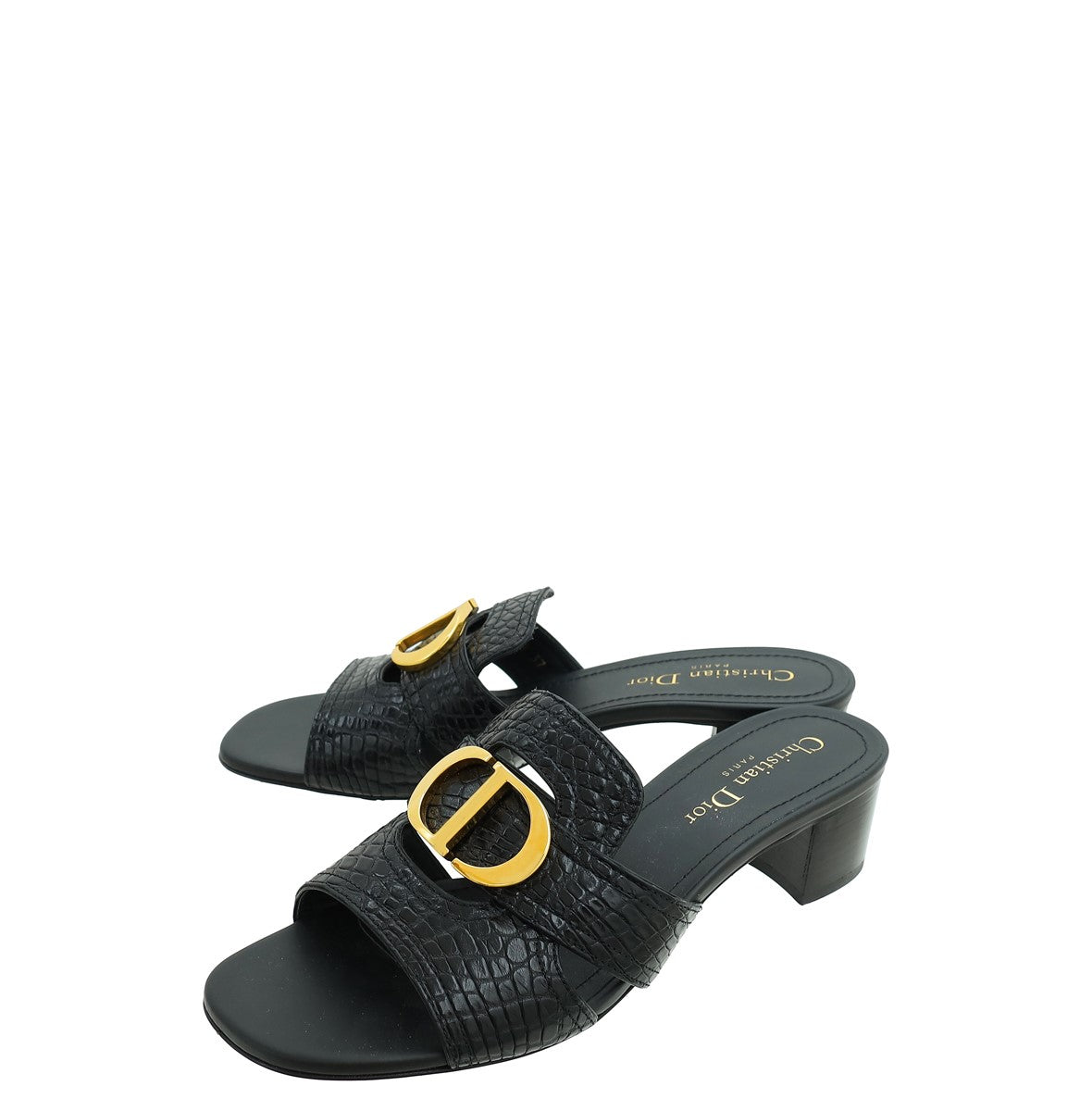 Dior Shoe Christian Croco 30 Montaigne Mules 37 Black Embossed Shoes