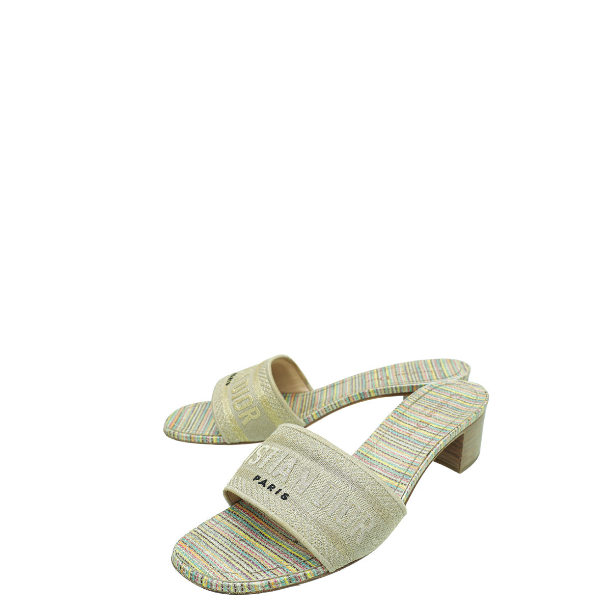 Dior Shoe Christian Dway Heeled Slide Sandals 39 Gold Multicolor Shoes
