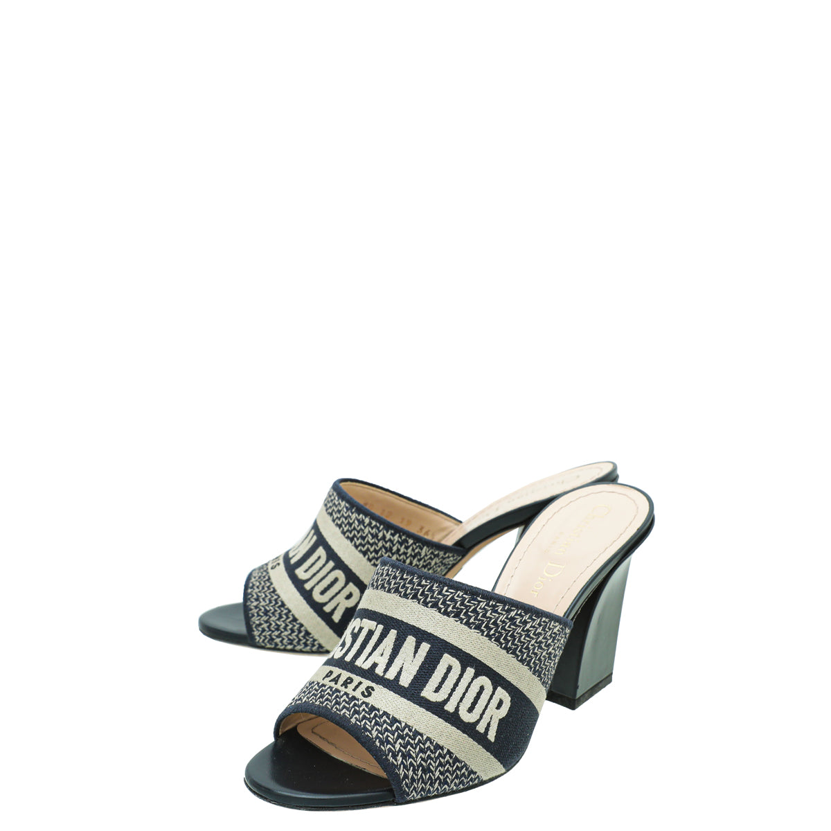 Dior Shoe Christian Dway Cotton Heeled Mules 36.5 Blue Navy Embroidered Shoes