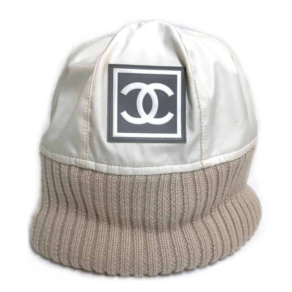 Chanel Knit hat polyester CC COCO Mark Beige Ivory