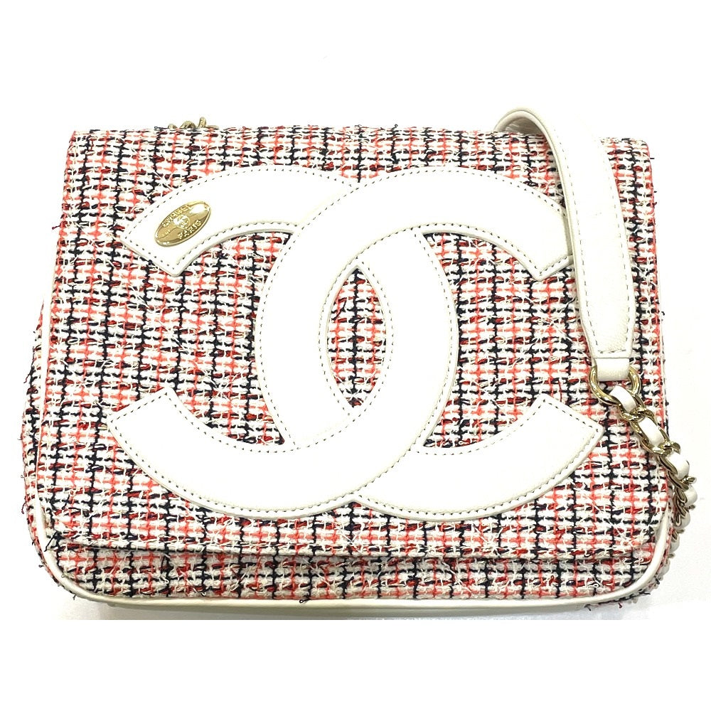 Chanel Tweed x CC COCO Mark flap White Red Pochette Leather Clutch Bag
