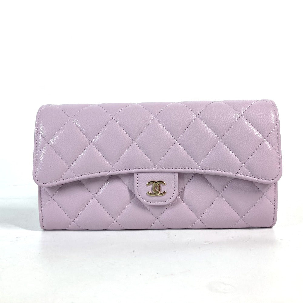 CHANEL Long Wallet Purse AP0241 Caviar skin Light purple CC COCO Mark Classic Quilted Matelasse Women  