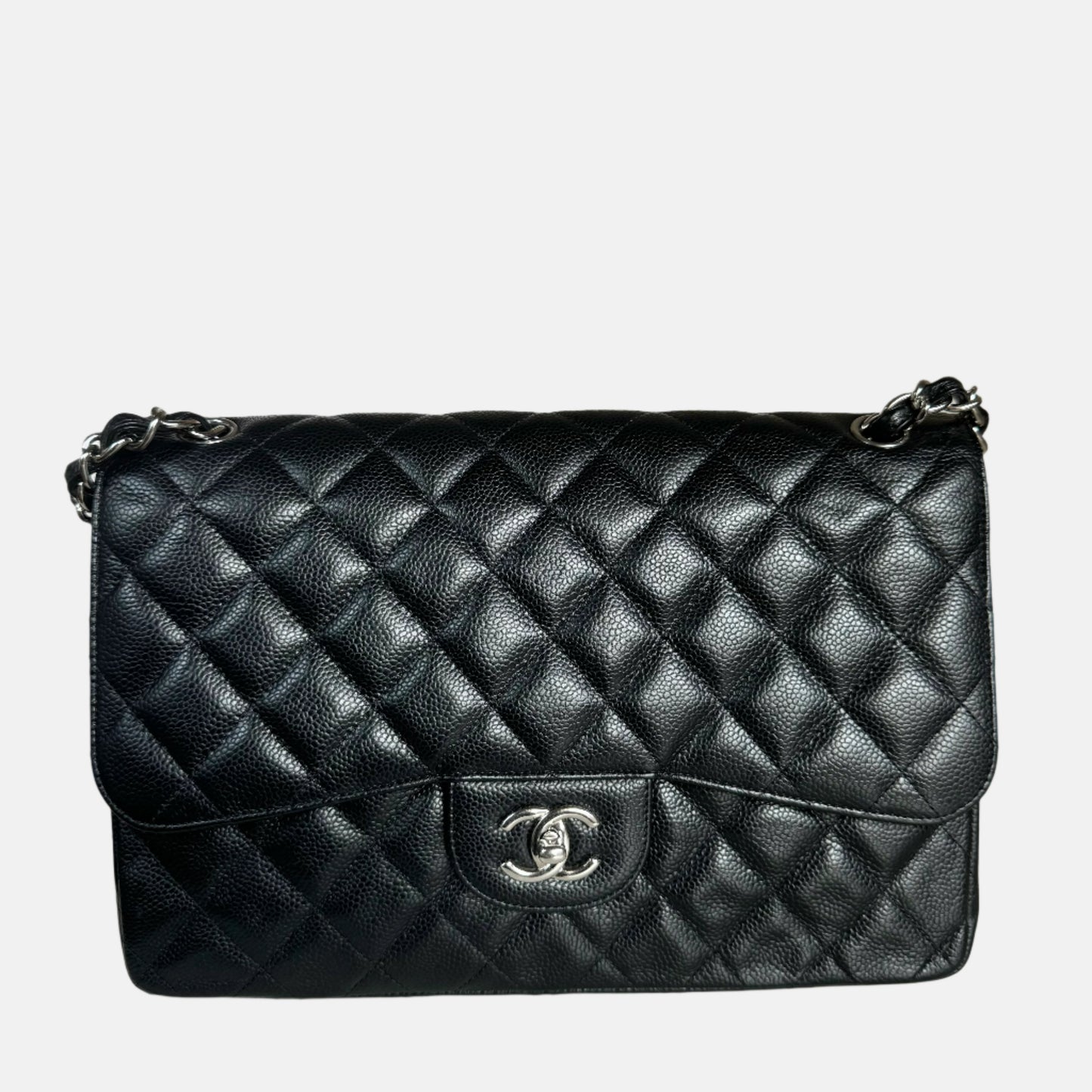 Chanel Classic Flap Jumbo Caviar Double Flap Black Silver Leather Handbag Silver Hardware