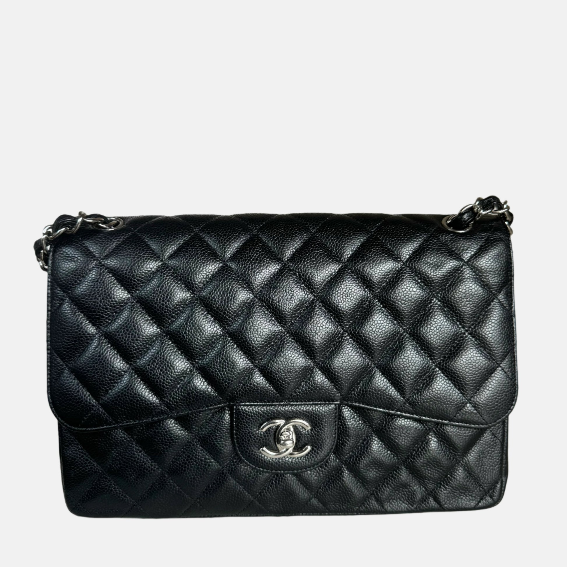 Chanel Classic Flap Jumbo Caviar Double Flap Black Silver Leather Handbag Silver Hardware