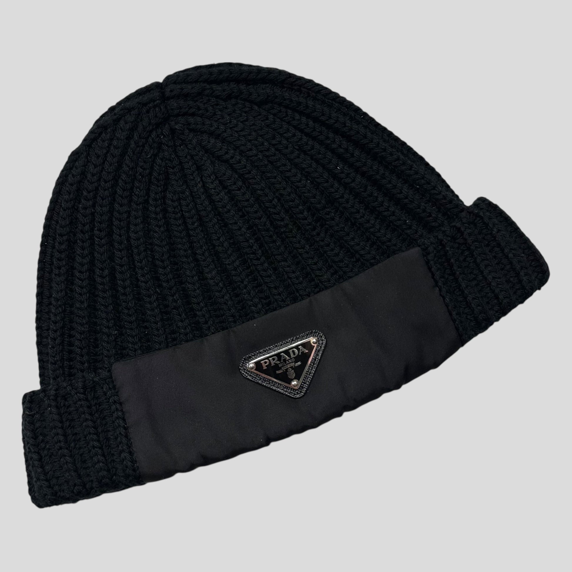 Prada Handbag Braided Virgin Wool + Re- Plue Beanie Nylon Logo
