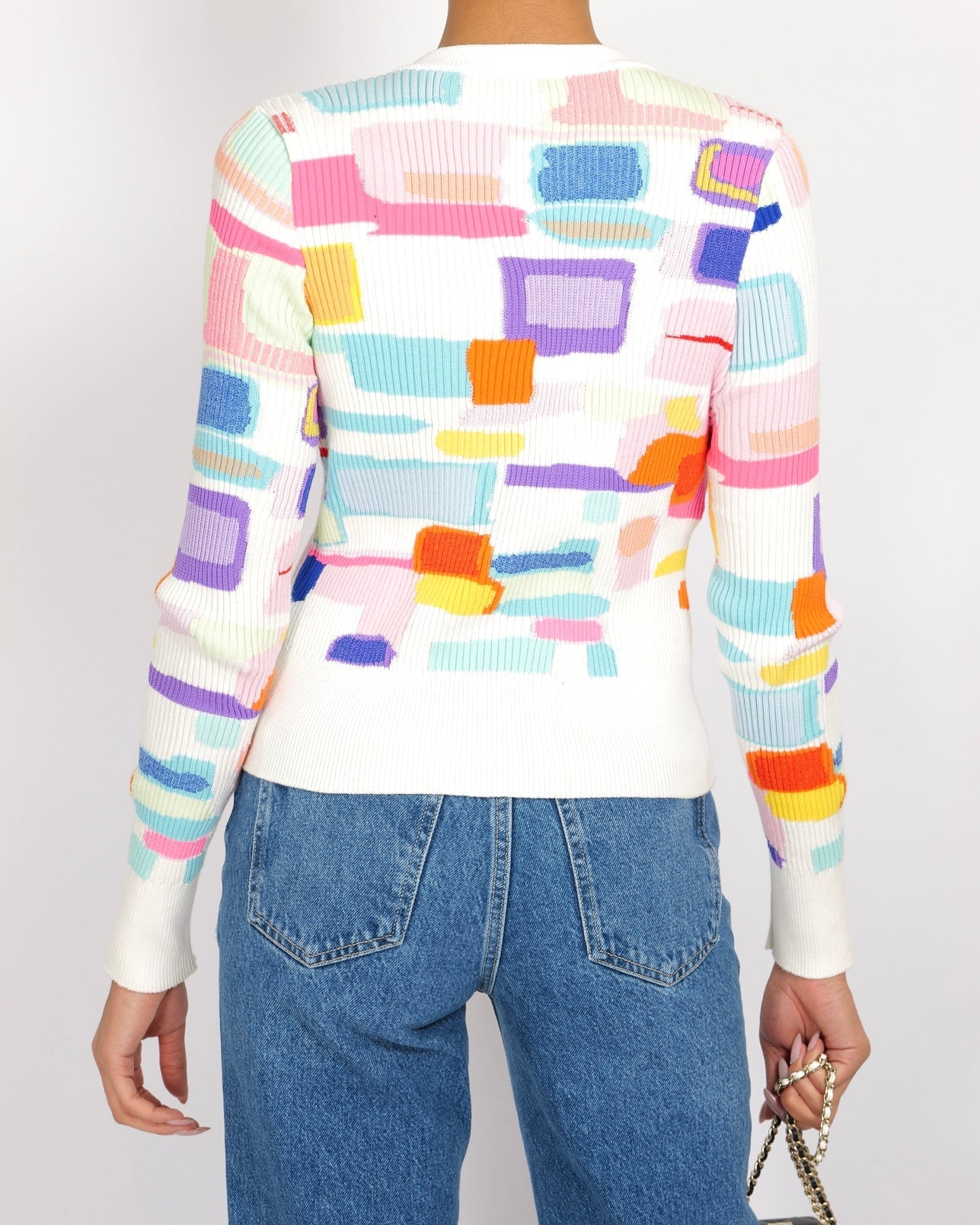 Chanel Spring White And Multi-Colour Ribbed Cardigan With Silver And White Cc Logo Buttons Size Fr 38 (Uk 10) Bag