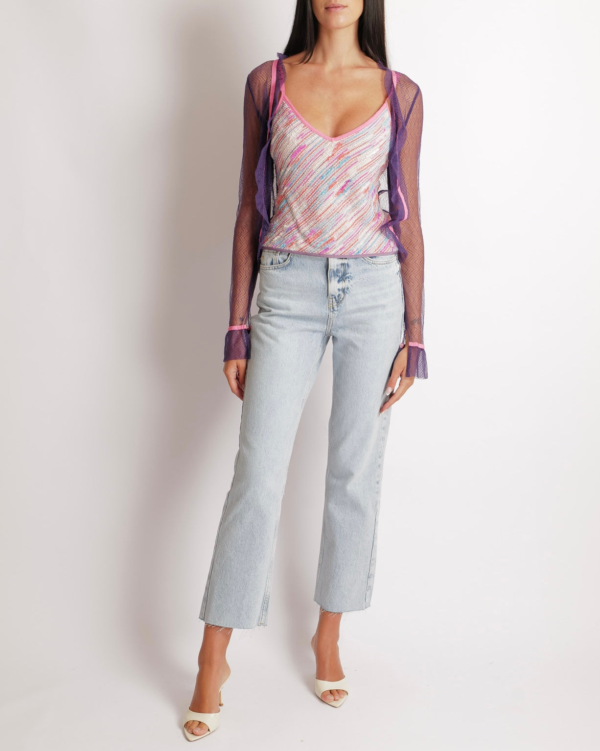 Chanel   03C Purple Lace Gilet and Multi-Colour Top Set with Pink Trims and See-Through Back Detail Size FR 38 (UK 10)