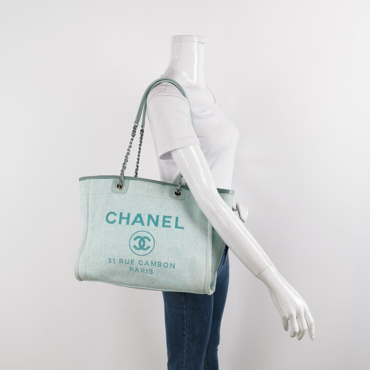 Chanel Deauville Light Cloth Handle 34cm Blue Small Leather Tote Bag