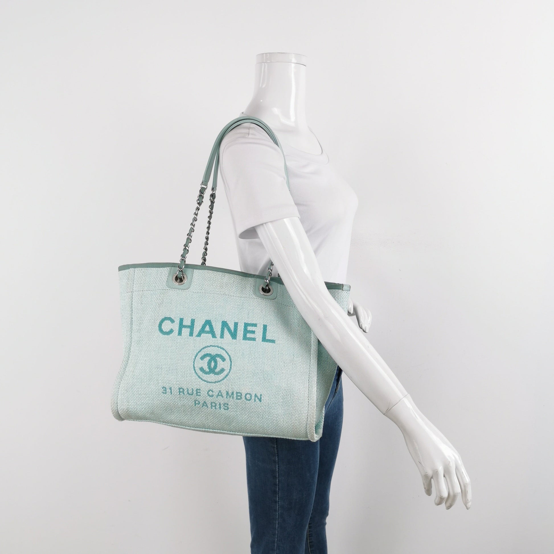 Chanel Deauville Light Cloth Handle 34cm Blue Small Leather Tote Bag