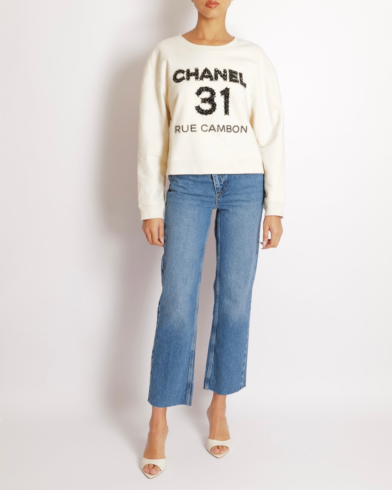 Chanel 20/A Beige 31 Rue Cambon Sweater with Black Floral Appliqué Logo Size L (UK 12)